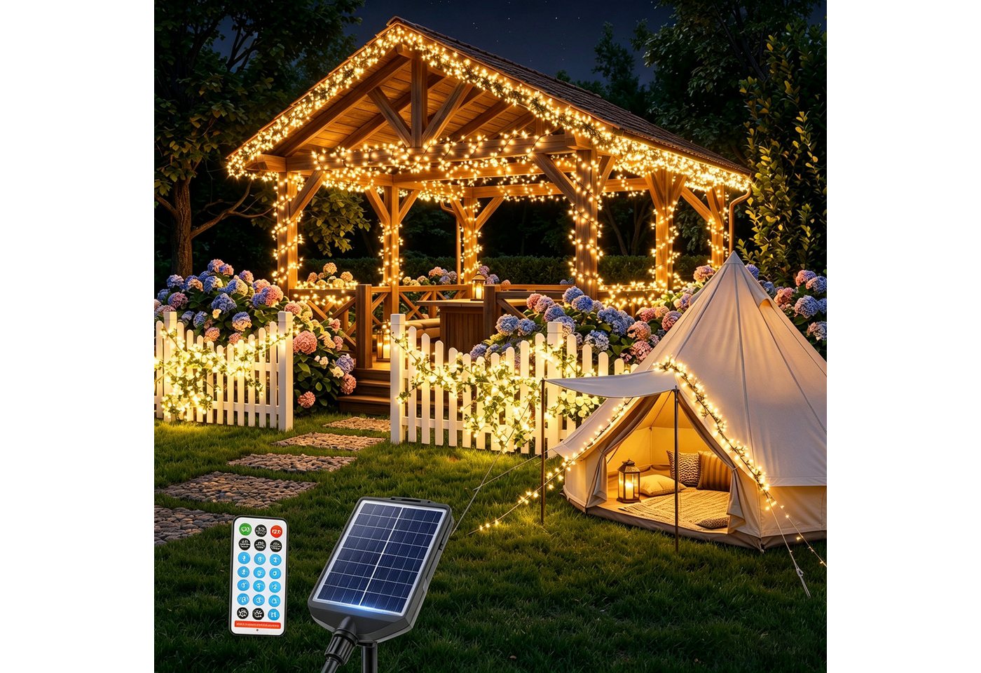 Salcar LED Solarleuchte LED Lichterkette Außen Solar Gartenleuchte für Garten Hochzeit Party, 5,6m 768er LED 13 Modi mit Fernbedienung Warmweiß Wasserdichte