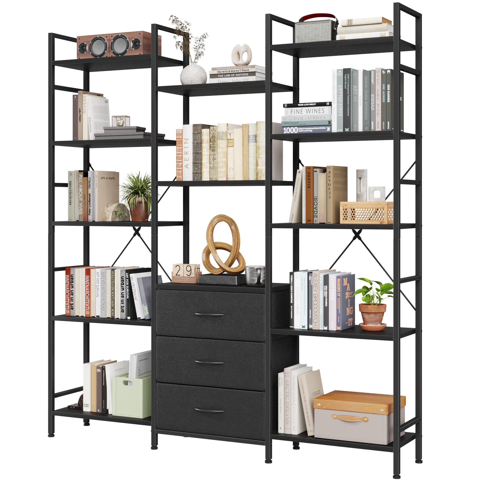 OYRREU Bücherregal mit 3 Stoffschubladen & 10 Ablageböden, Standregal, schlankes Design, höhe 142cm Bücherschrank 1-St., Anti-Kipp-Sicherung, mit offenen Ablagen, X-förmige Metallverstärkung, Mehrzweckregal
