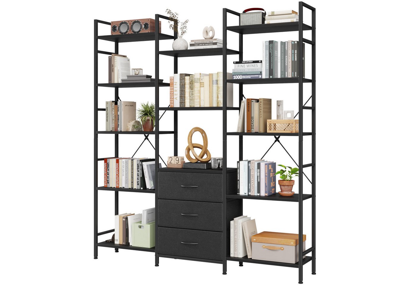 OYRREU Bücherregal mit 3 Stoffschubladen & 10 Ablageböden, Standregal, schlankes Design, höhe 142cm Bücherschrank 1-St., Anti-Kipp-Sicherung, mit offenen Ablagen, X-förmige Metallverstärkung, Mehrzweckregal