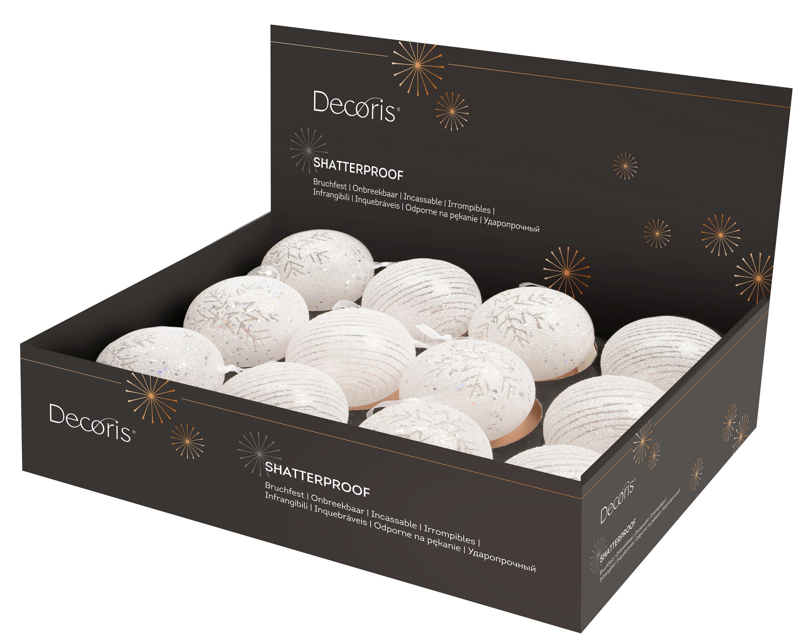 Kaemingk Weihnachtsbaumkugel, Weihnachtskugeln Kunststoff Schneeflocken Streifen 8cm weiß, 12er Set