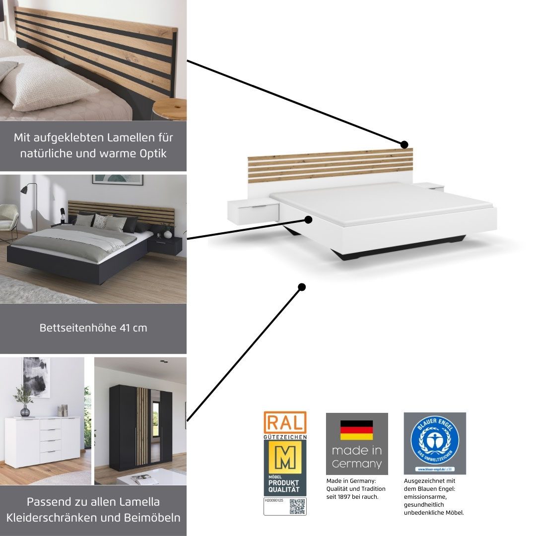 rauch Bettanlage Doppelbett Futonbett LAMELLA in schwebender Optik, (Bett 160x200 oder 180x200 cm), mit eleganter Lamellenabsetzung und 2 Hängenachttische MADE  – Bild 3 von 5