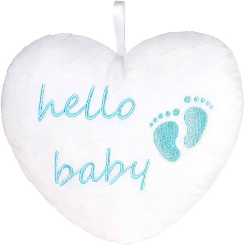 BRUBAKER Dekokissen »Plüschherz Hello Baby 25 cm«, Babyparty Geschenk zur Geburt - Zierkissen Herz aus Plüsch - Babyzimmer Deko - Kissen für Neugeborene - Baby