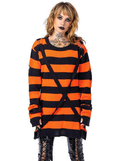 Heartless Sweatshirt Oriana Strickpulli Orange Goth Punk Gestreift Grunge Distressed