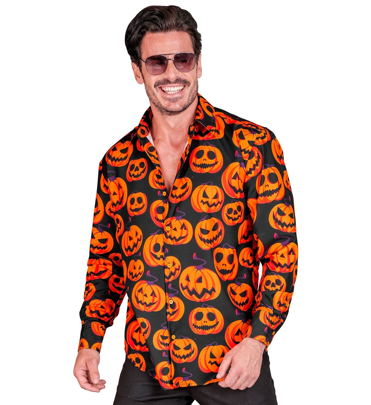 Widmann S.r.l. Kostüm Halloween Hemd 'Kürbis' UV, Orange Schwarz - Herr