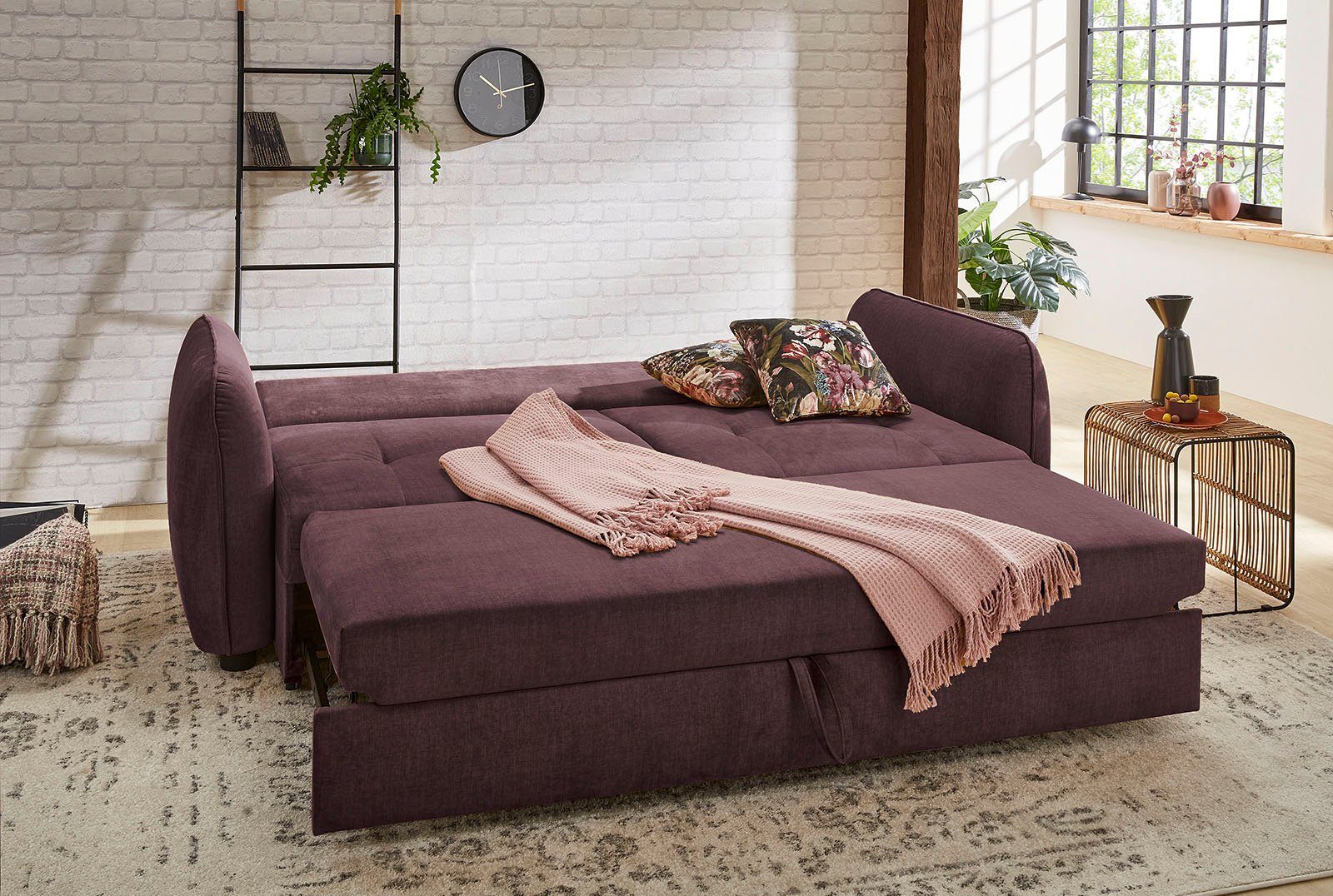 Gruppe | und aubergine cm aubergine Bettfunktion, mit 180x200 Wellenfedern, Schlafsofa Liegefläche Sascha, Jockenhöfer Relax-