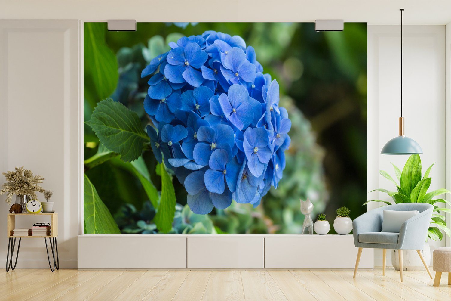 Vinyl Blaue Tapete bedruckt, Schlafzimmer, Hortensienblüte einem (6 für Wallpaper Fototapete Kinderzimmer, Wohnzimmer, Garten, Matt, St), in MuchoWow