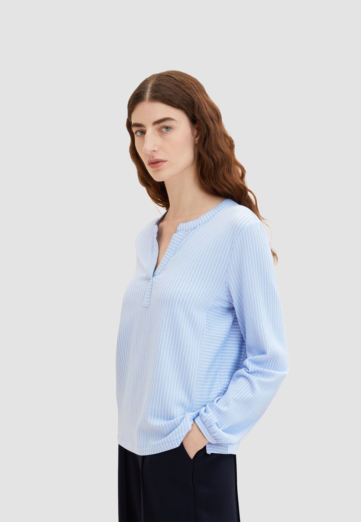 TOM TAILOR Blusenshirt Gestreifte Langarm Bluse V-Ausschnitt Business Tunika Top Shirt 5310 in Blau dreamy blue whi