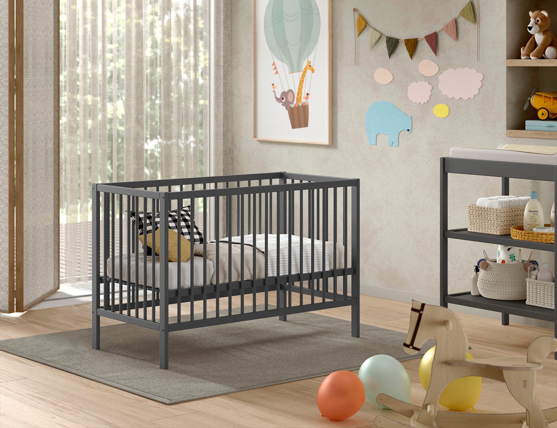Vipack Babybett Dino 60/120 cm mit 3-fach verstellbarem Lattenrost, stabile Bauweise, Gitterbett aus massiver Buche, wahlweise in 3 Farben