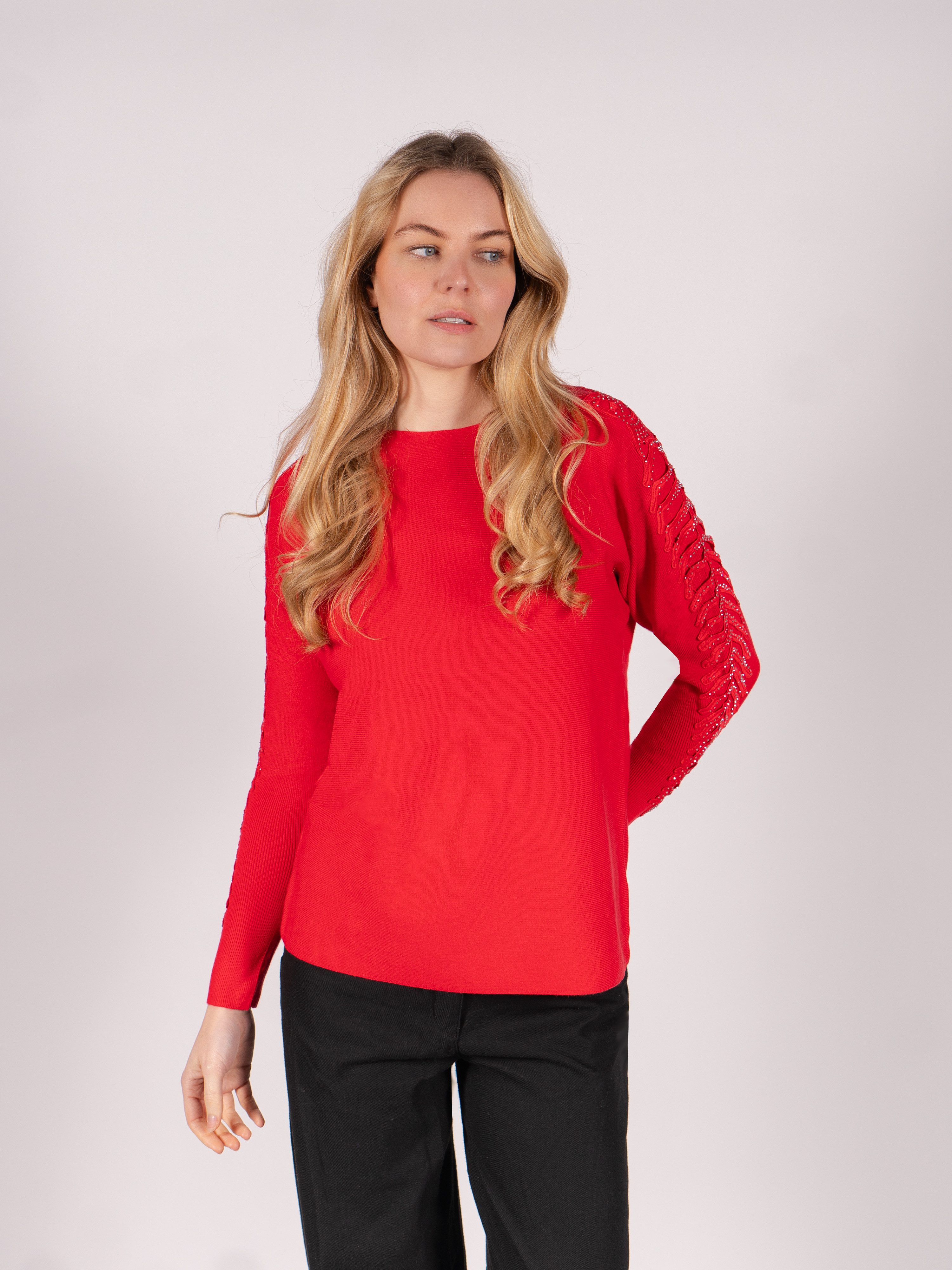 Passioni Strickpullover mit offenen gerippten Ärmeln und Glitzersteinen günstig online kaufen