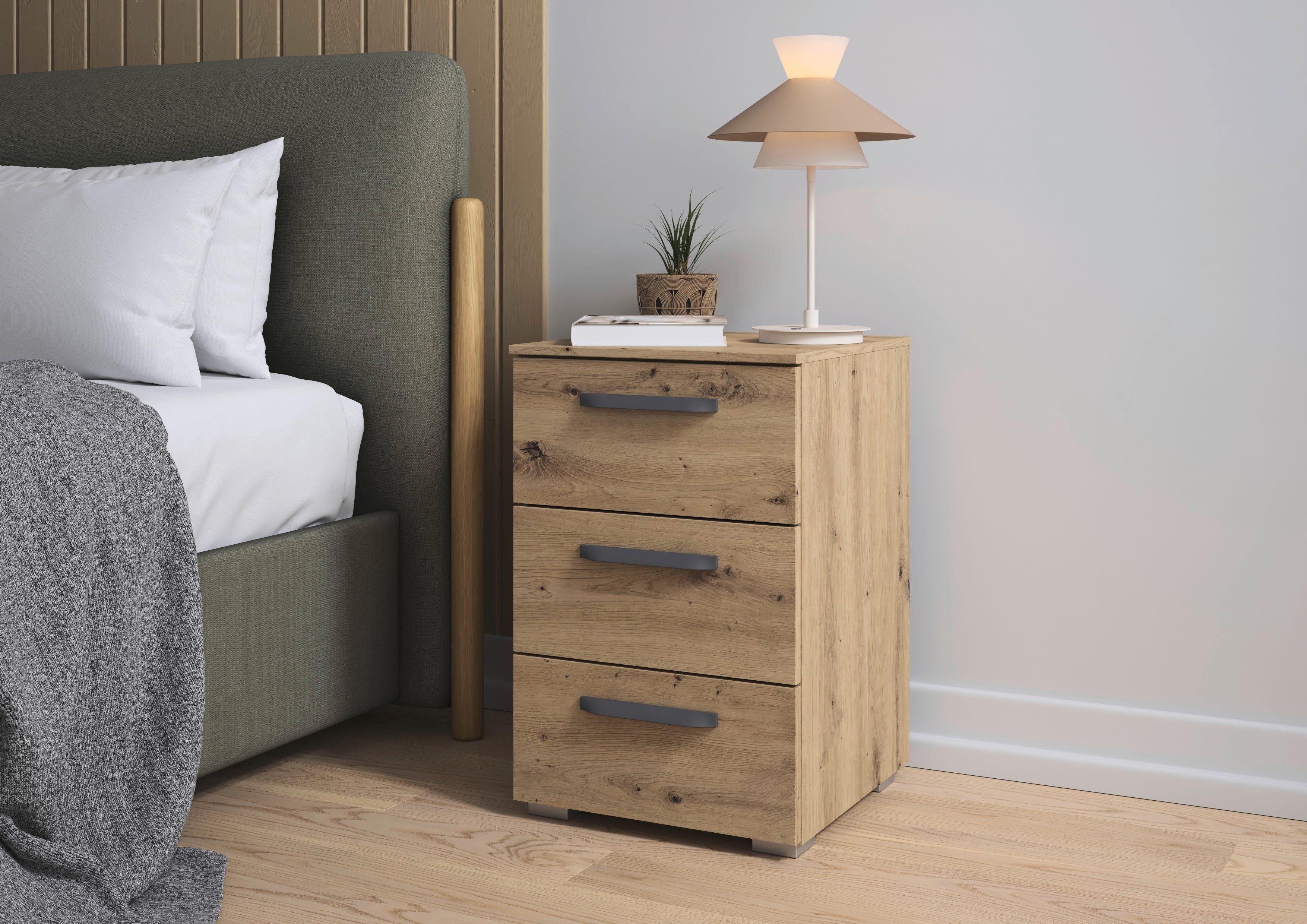 rauch Nachtkommode Nachttisch Nachtkonsole OTELI in Dekor- oder Hochglanzfront (Breite 40 cm inkl. Soft-Close-Funktion), mit 3 geräumigen Schubladen für viel Stauraum MADE IN GERMANY