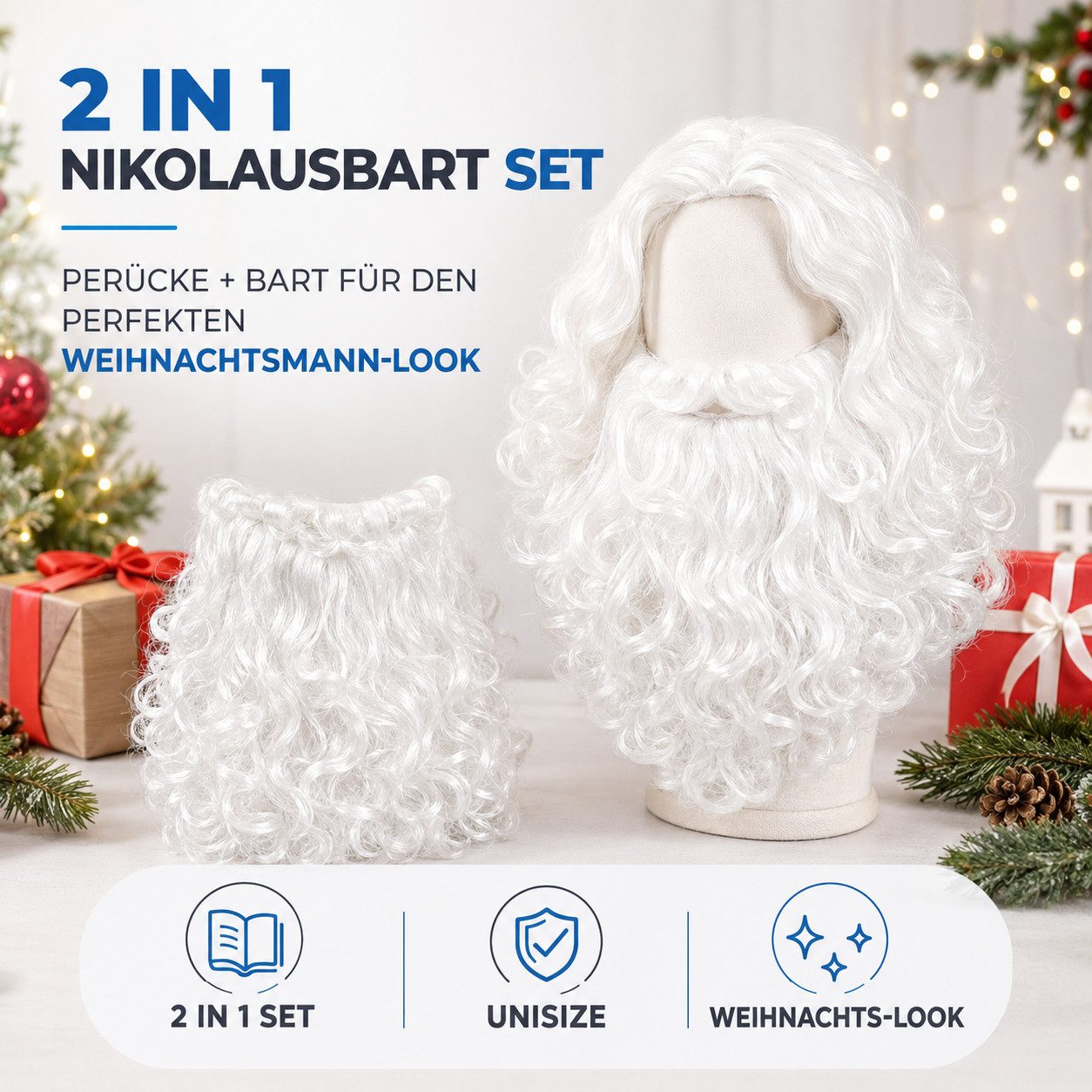 TK Gruppe Kostüm-Perücke 2 in 1 - Weihnachtsmannbart und Perücke - Nikolausbart Nikolausperücke, 2 in 1 Perücke und Bart