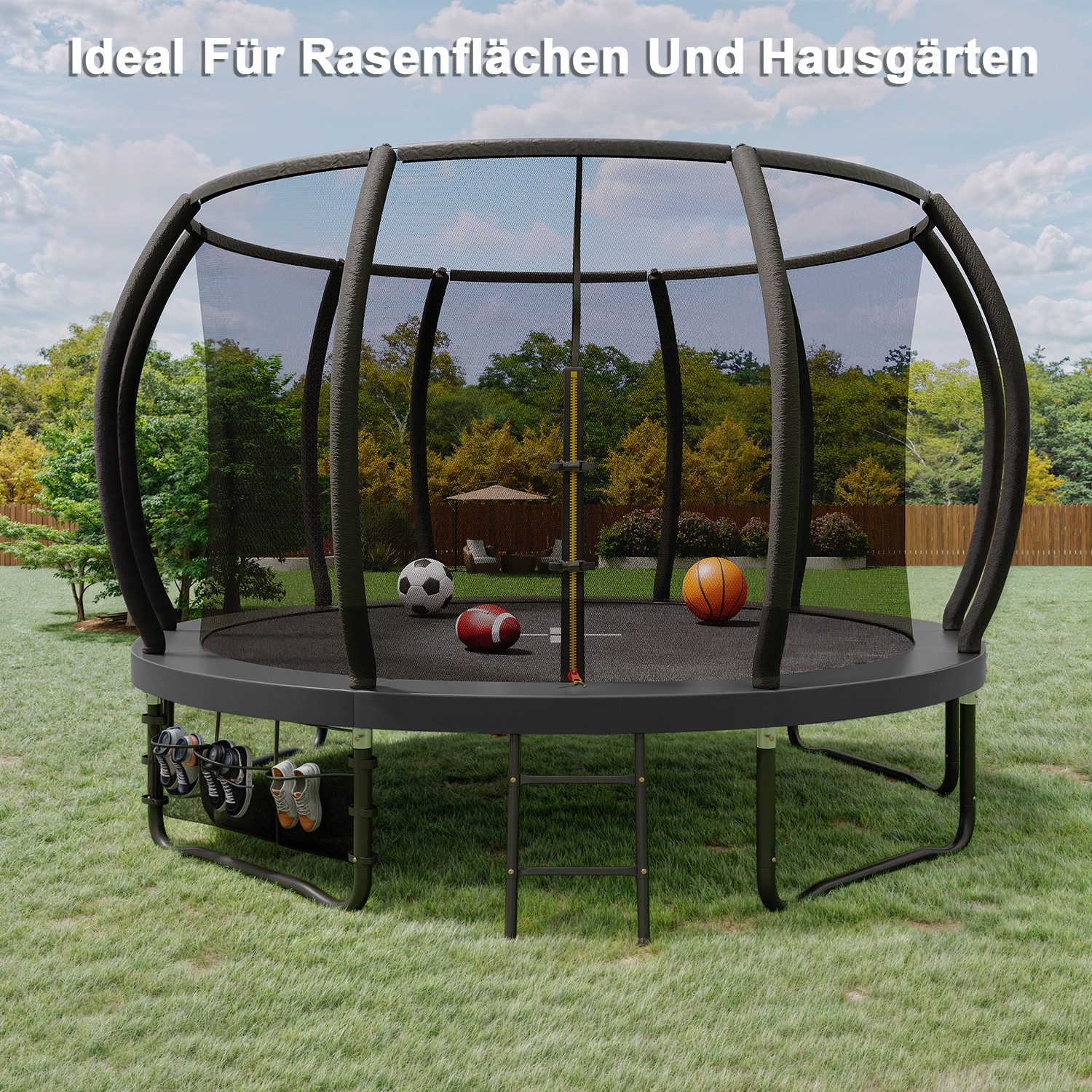 HOMALL Gartentrampolin Trampolin,Kindertrampolin mit Sicherheitsnetz und Leiter, Ø 366 cm, Ø305/366/427cm,gepolstertes Gestell,150kg,Schutzranabdeckung