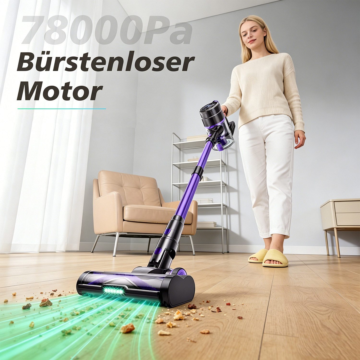 AKKEE Akku-Hand-und Stielstaubsauger Akkustaubsauger 78000pa/70min, Leichter Staubsauger Kabellos, 550 W, LED Display, 3 Saugstufen, 62dB leise, Ideal für Böden/Teppiche/Auto
