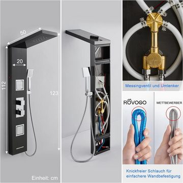 ROVOGO Duschsystem LED Duschpaneel mit Thermostat, 4-Funktionen, 2 Strahlart(en), mit Armatur Regendusche 2 Massagedüsen Handbrause undBadewanneneinlauf