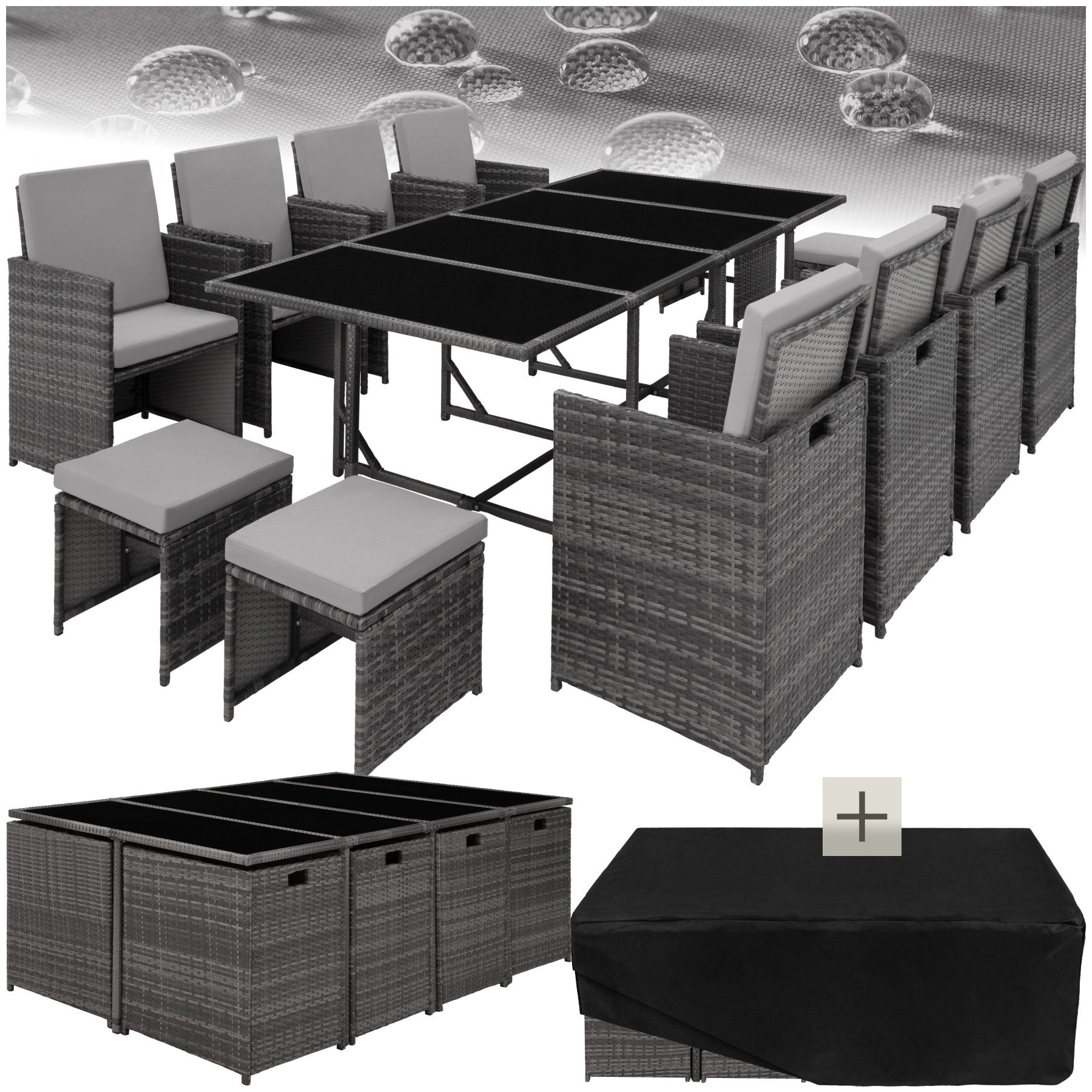 tectake Sitzgruppe Rattan Sitzgruppe, (Set., 12-tlg), Platzsparend durch Würfelsystem