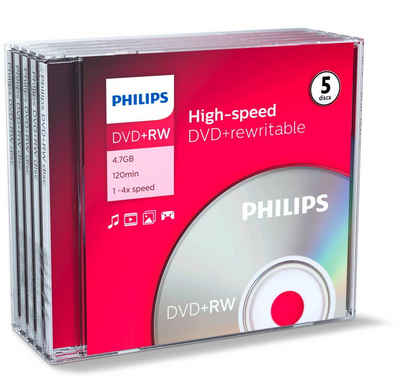 Philips DVD-Rohling 5 Philips Rohlinge DVD+RW 4,7GB 4x Jewelcase