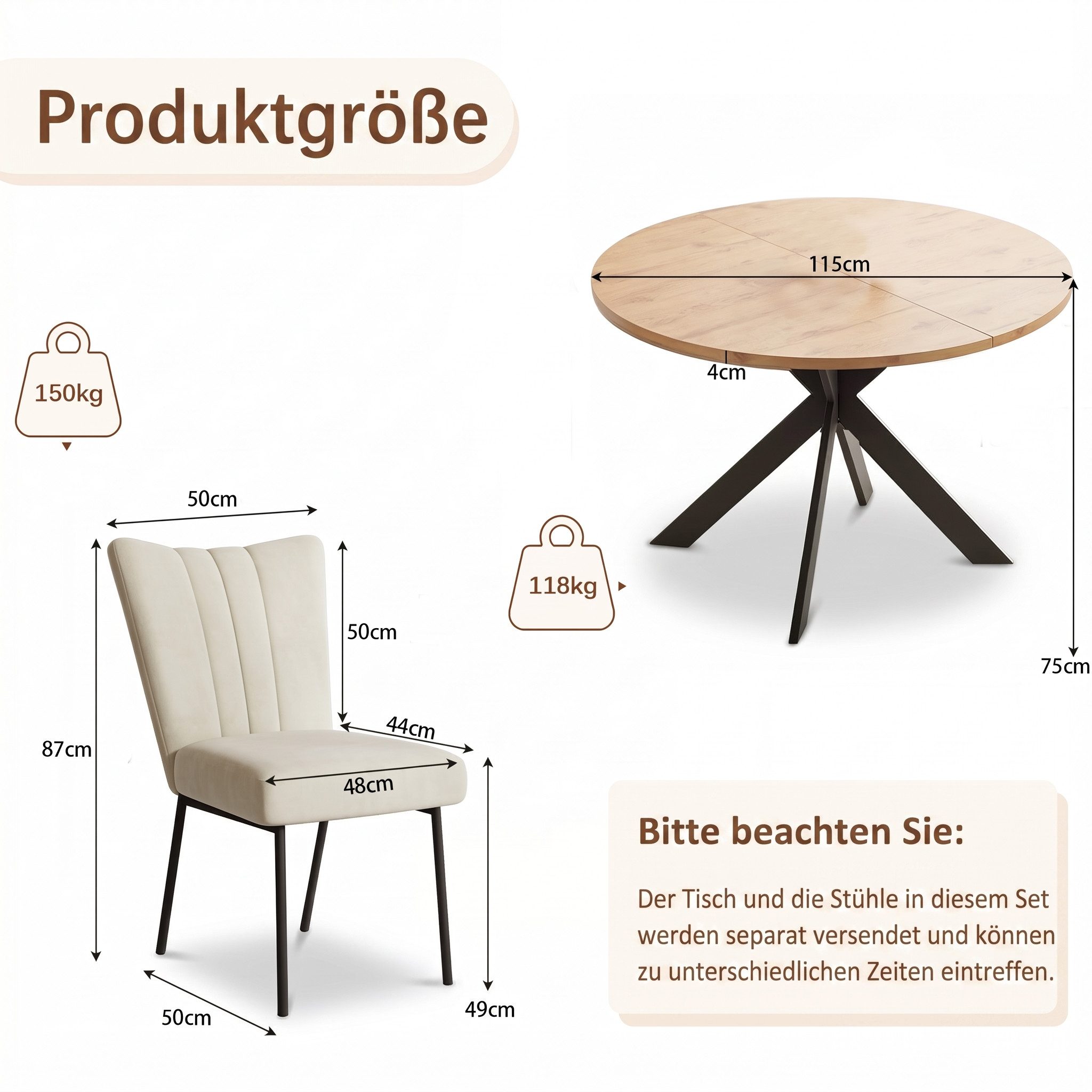 Jiexi Essgruppe Essgruppe Runder Tisch Ø 115cm Eiche Sternfuß & Samt Stühle – Bild 3 von 5