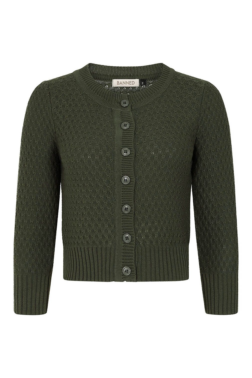 Banned Strickjacke Fara Cardigan Oliv Vintage Wabenmuster Baumwolle