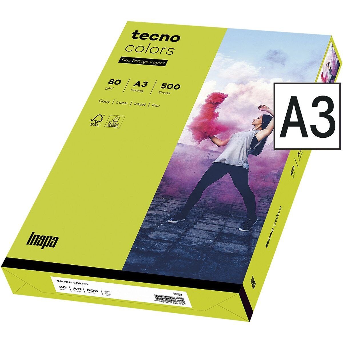 Inapa tecno Drucker- und Kopierpapier Rainbow / tecno Colors, Intensivfarben, Format DIN A3, 80 g/m², 500 Blatt leuchtendgrün