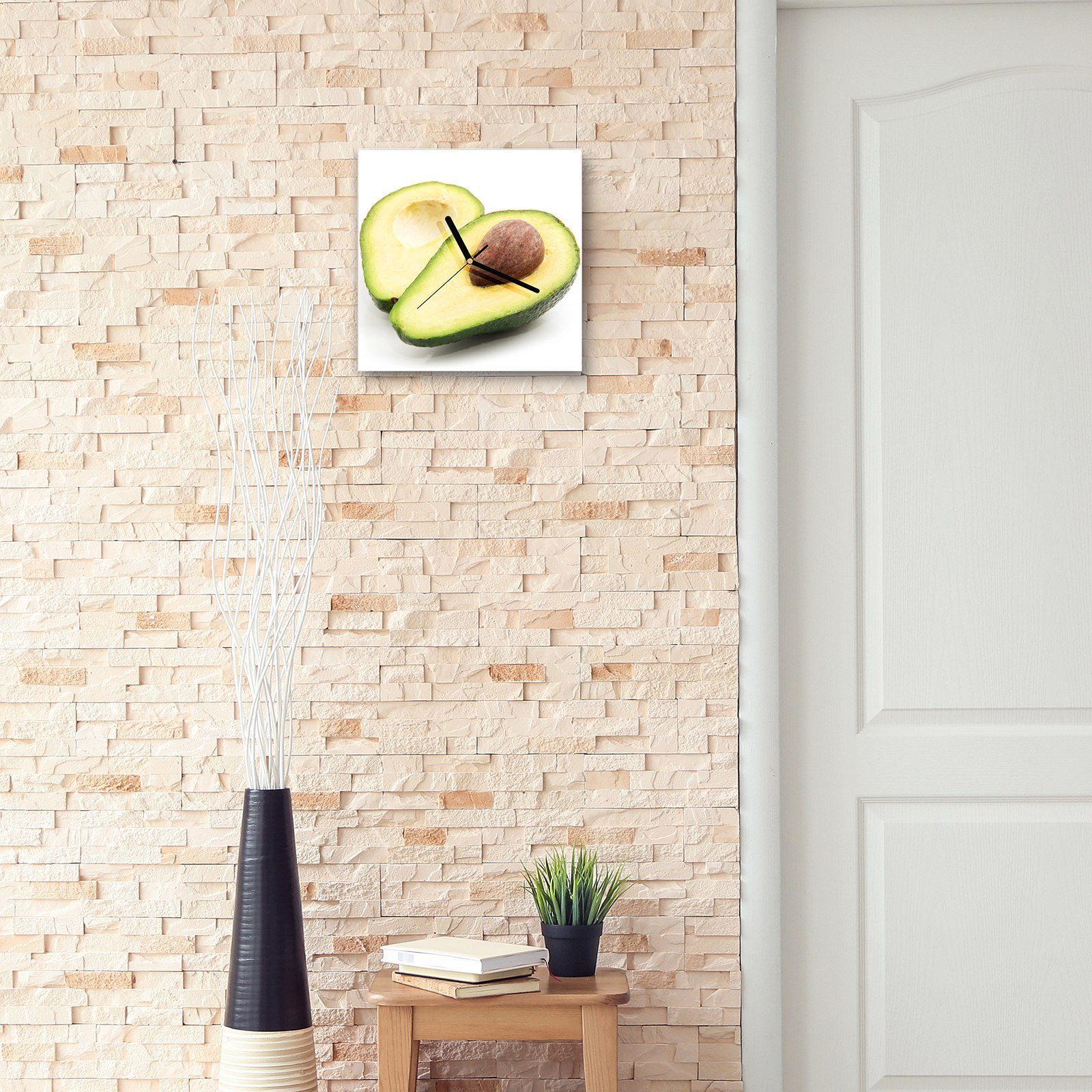 Avocado Wanduhr Wanduhr cm Größe Motiv mit 30 30 Glasuhr Primedeco halbiert x Wandkunst