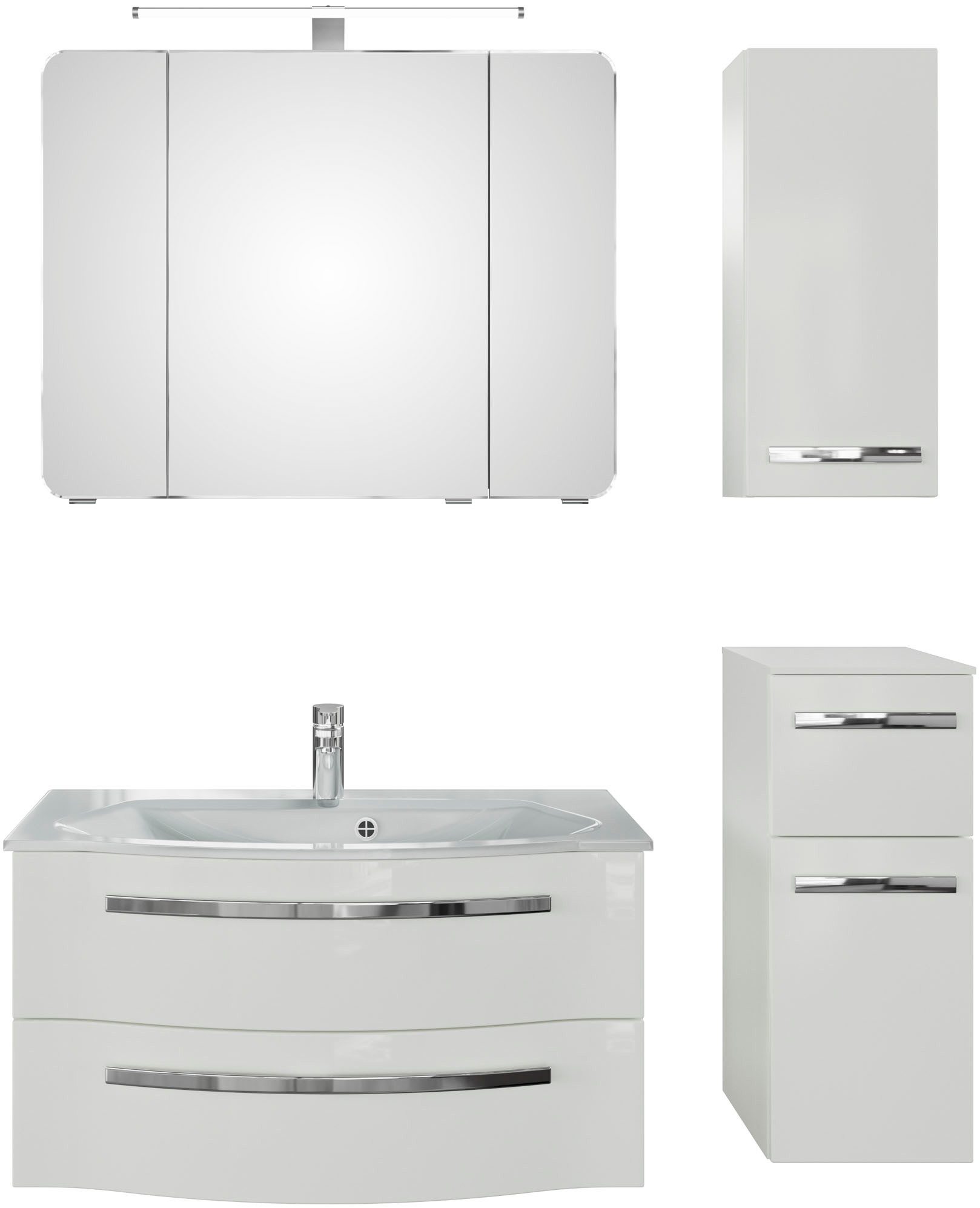 Saphir Badmöbel-Set Serie 4005, vormontiert, Glaswaschbecken, Spiegelschrank, (Set, 5-St), Badezimmer-Set mit Unterschrank, Hängeschrank, Midischrank, Türdämpfer