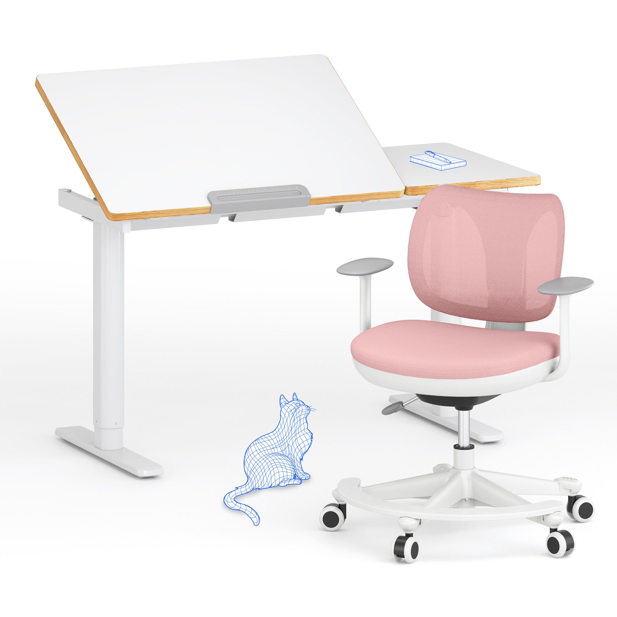 FLEXISPOT Schreibtisch Kinderschreibtisch Höhenverstellbar (mit neigbarer Tischplatte, mit LED-Höhenanzeige & 3 Speicherplätzen, MIT Haken, 16mm Abgerundete Tischecken), für Kinder ab 6 Jahren, Kindertisch Stuhl Set