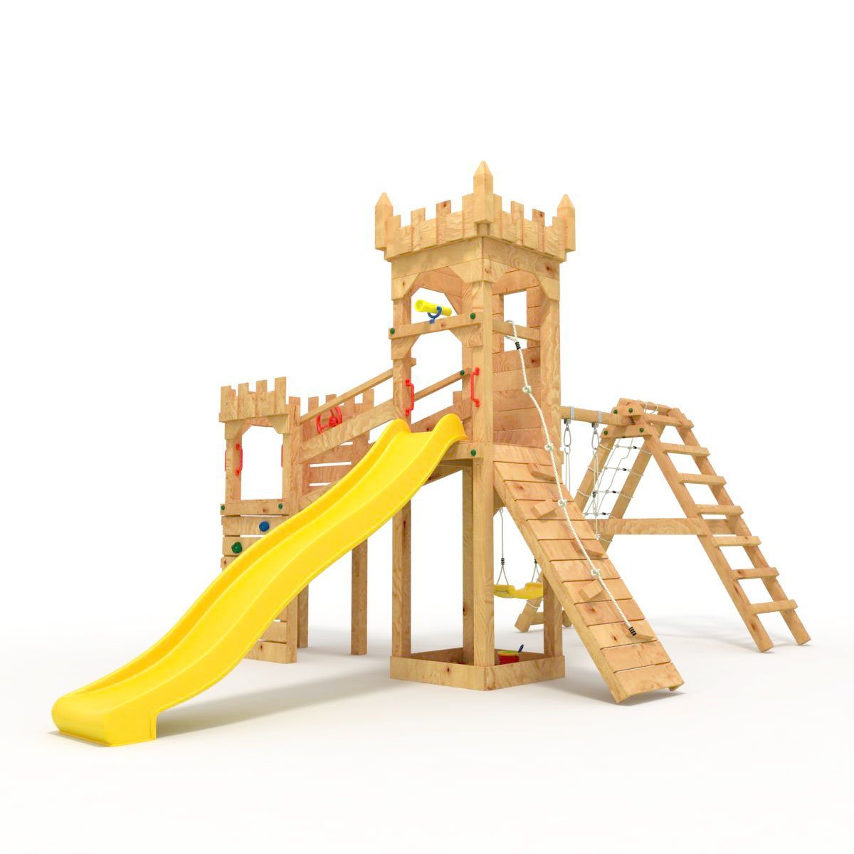 bibex Spielturm Ritterburg "XL150" LANGE Rutsche, 2x Türme, 2x Schaukel + Knotennetz