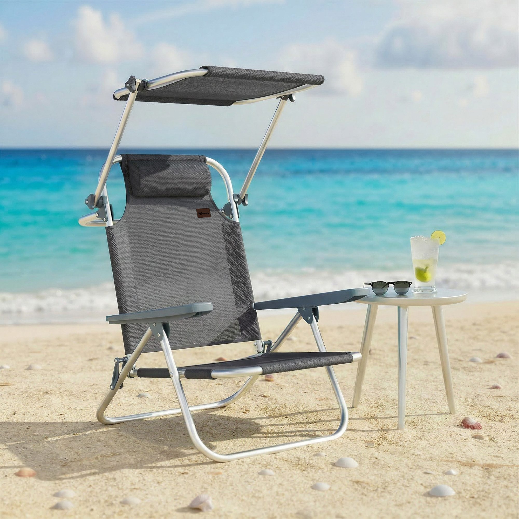 Outsunny Gartenliege mit Kopfkissen verstellbarem Dach 6-Fach verstellbare Rückenlehne, klappbar Liegestuhl, 1 St., Sonnenliege, bis 120 kg für Garten Urlaub Strand Pool Dunkelgrau