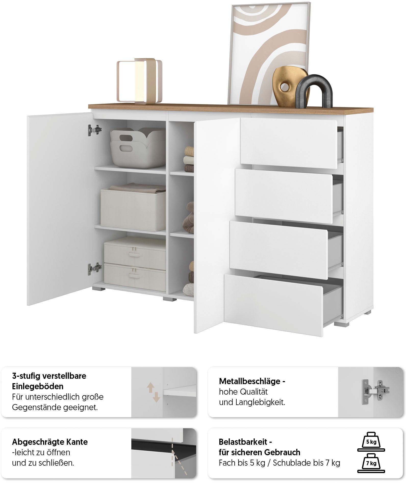 OTTO home Highboard Modo, Breite 150 cm, moderne grifflose Kommode 2Türen/4 SK, Schubladenkommode mit viel Stauraum, Einlegeböden verstellbar