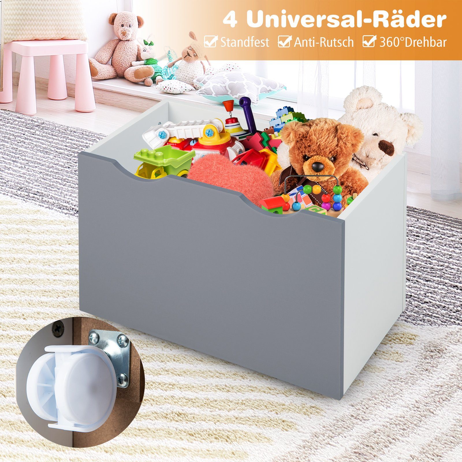 COSTWAY Kinderregal Spielzeugregal, mit 3 Ablagefächer, Box, Rollen, 50 x 28 x 70cm