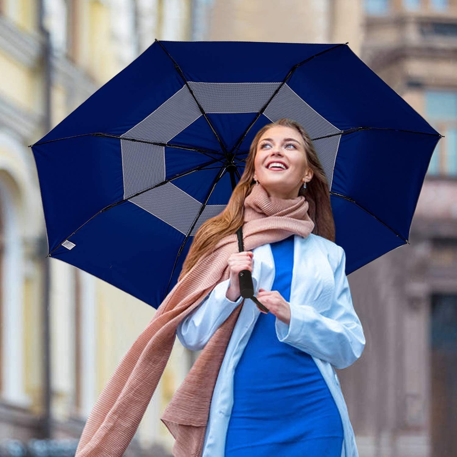 G4Free Taschenregenschirm, UPF 50+ Silber-Blau mit Auf-Zu-Automatik Regenschirm