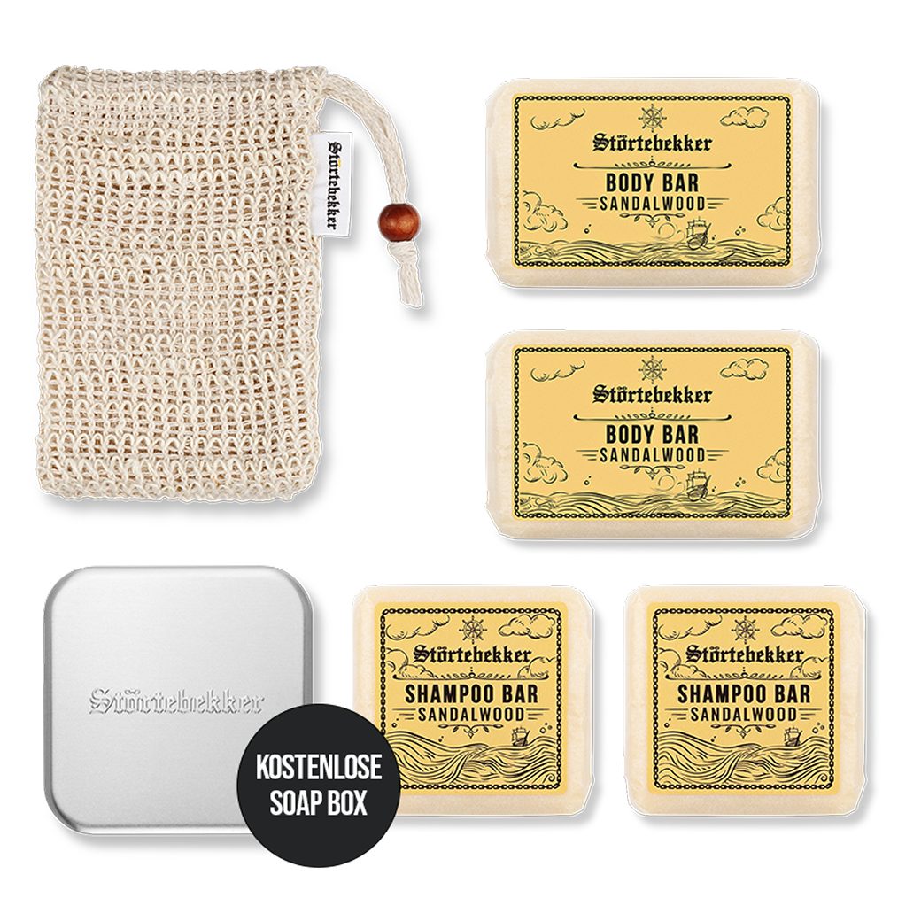 Feste Duschseife Duschset - Hair & Body - 2x Shampoo, 2x Body Bar, Soap Bag, Seifendose