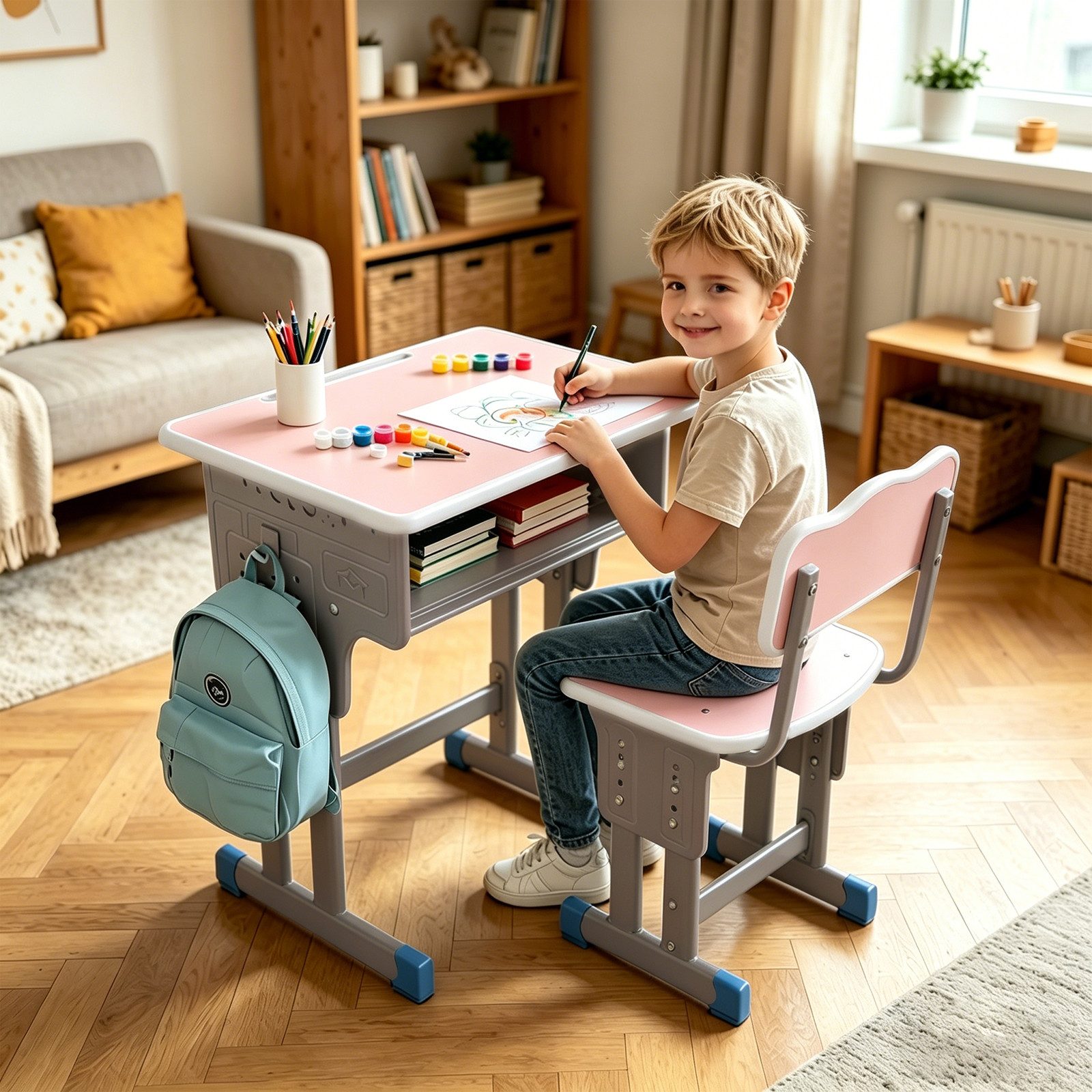BBG Kinderschreibtisch Höhenverstellbares Kinder Schreibtisch Set mit Stuhl (Ergonomischer Lerntisch 60x40 cm, 4-Stufen Höhenverstellung, Ein Tisch, ein Stuhl), Anti-Rutsch Füße, Schulmöbel für Kinder ab 3 Jahren