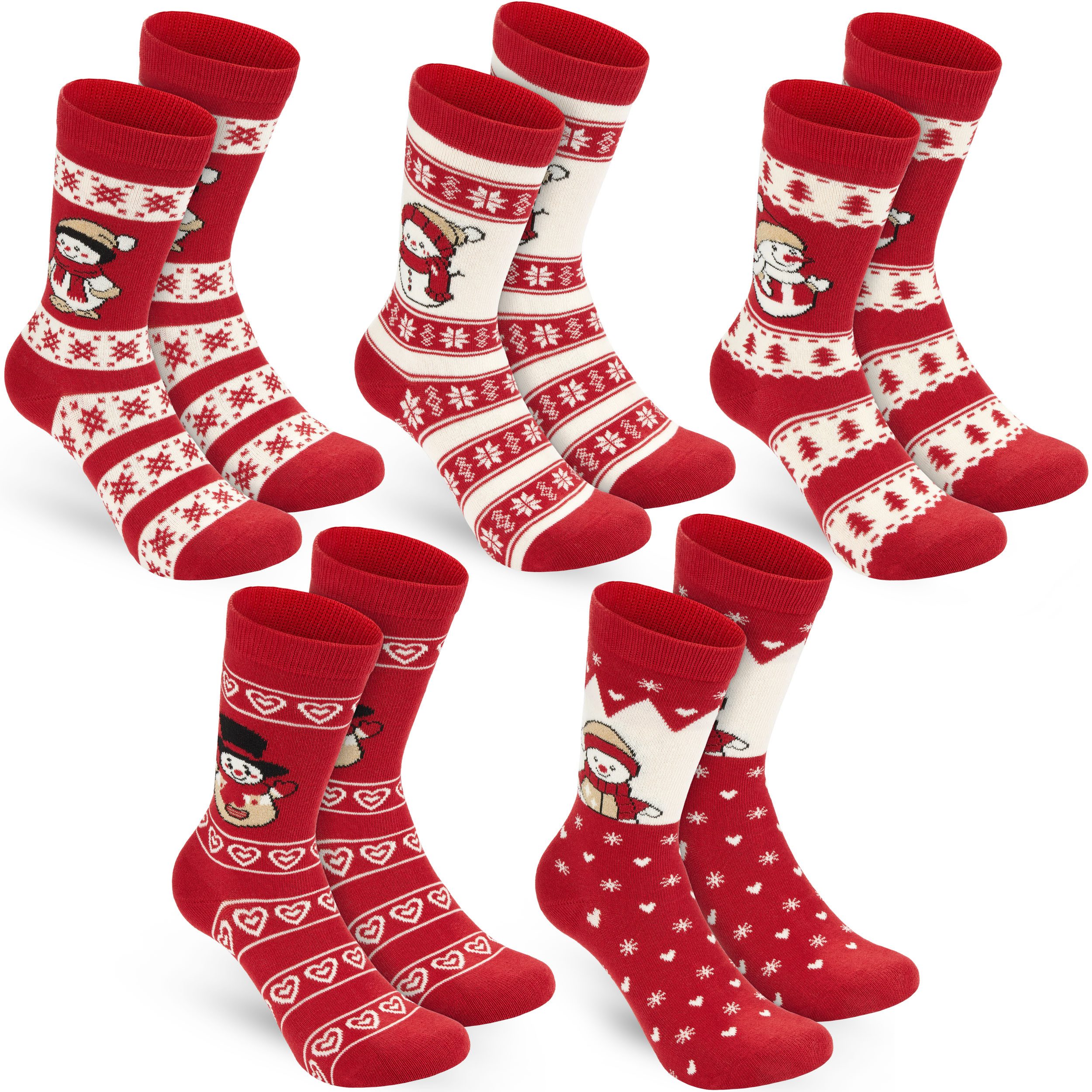 BRUBAKER Socken Weihnachtssocken Set - 5 Paar Wintersocken aus Baumwolle - Weihnachten (Geschenk für Frauen, 5-Paar, Rot & Weiß - Größe 36-41) Damen Sockenset mit Norwegersocken Muster