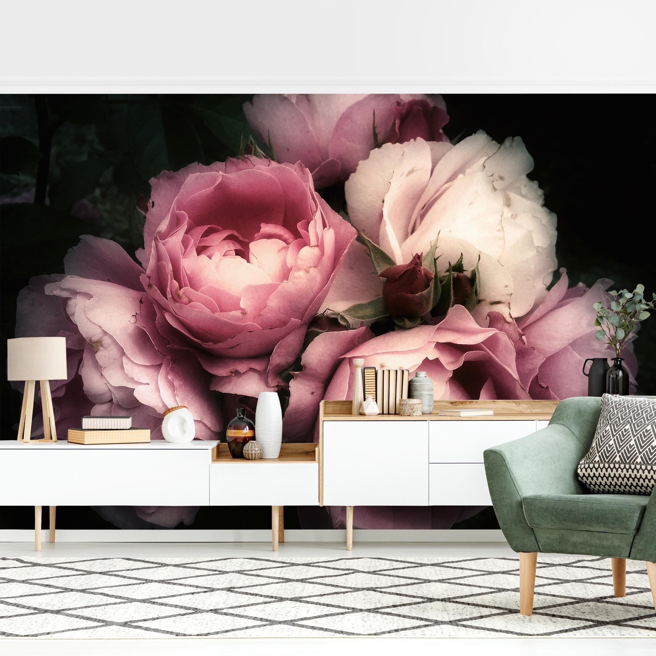 Bilderdepot24 Fototapete Rosen Pfingstrosen Schwarz Shabby Blumen Natur Pflanzen Wanddeko, Glatt, Matt, (Vliestapete inkl. Kleister oder selbstklebend), Wohnzimmer Schlafzimmer Küche Flur Motivtapete Vliestapete Wandtapete