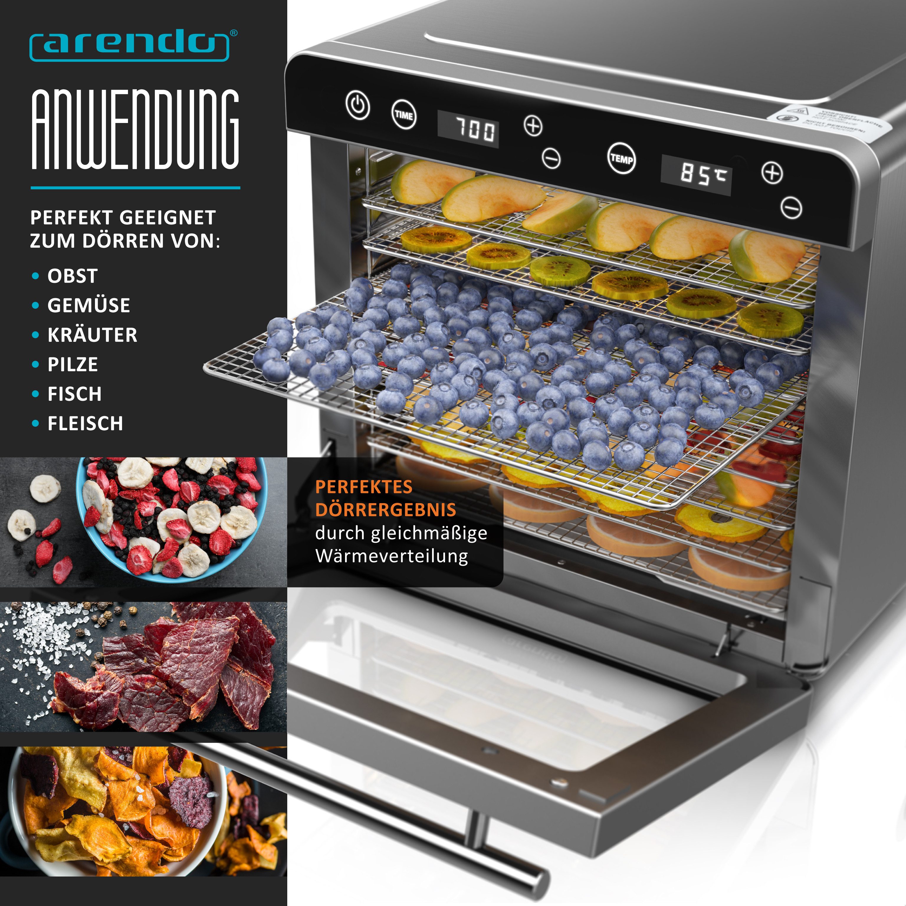 Arendo Dörrautomat Edelstahl, Temperaturregler von 35° bis 85°C, Dörrgerät, Dehydrator, 700 W, 8 Etagen, Obst, Fisch, Fleisch Dörrapparat, Obsttrockner, Timer 0,5-24 Stunden