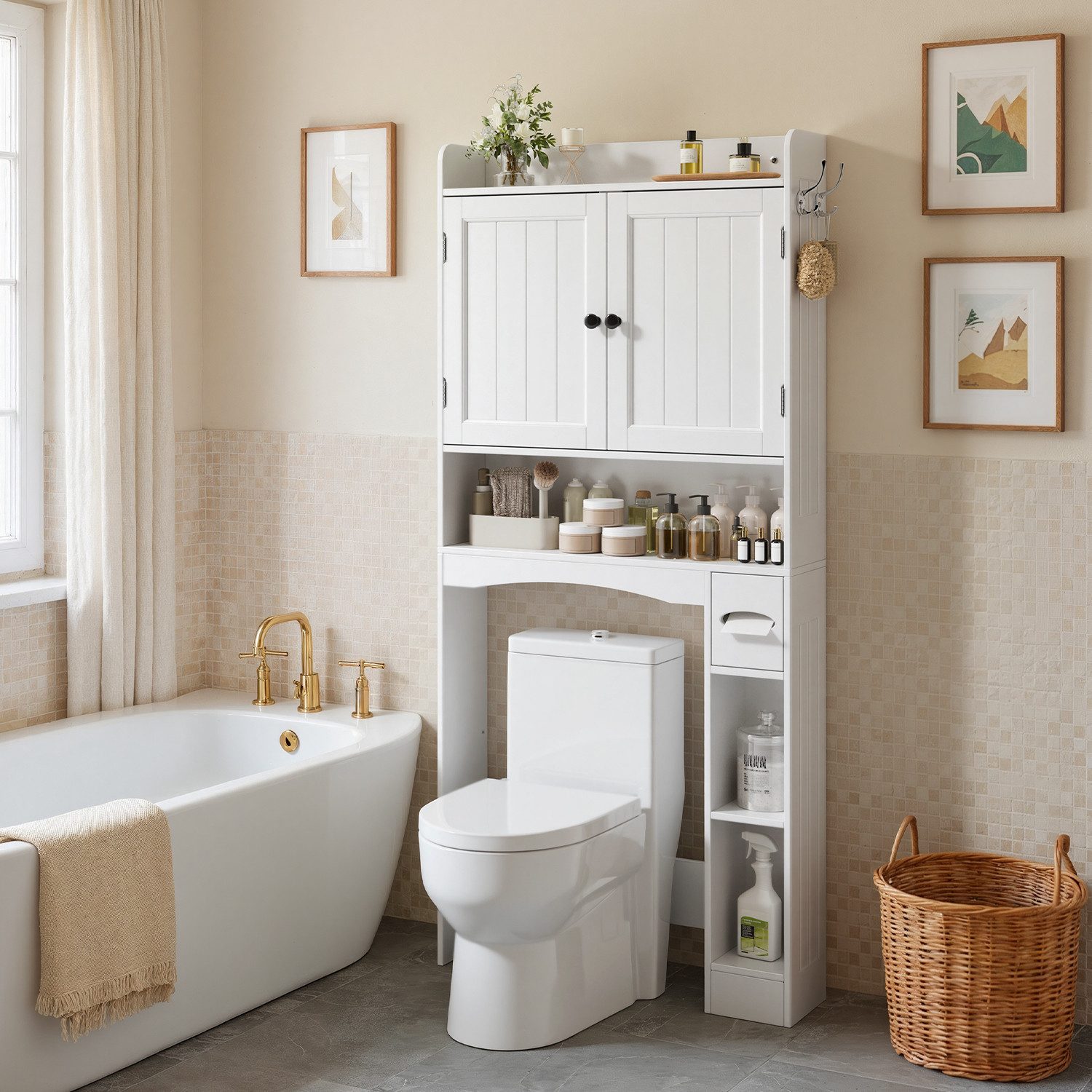 Bealife Badregal Toilettenregal mit Toilettenpapierhalter, 82x20x179cm, mit Toilettenpapierhalter