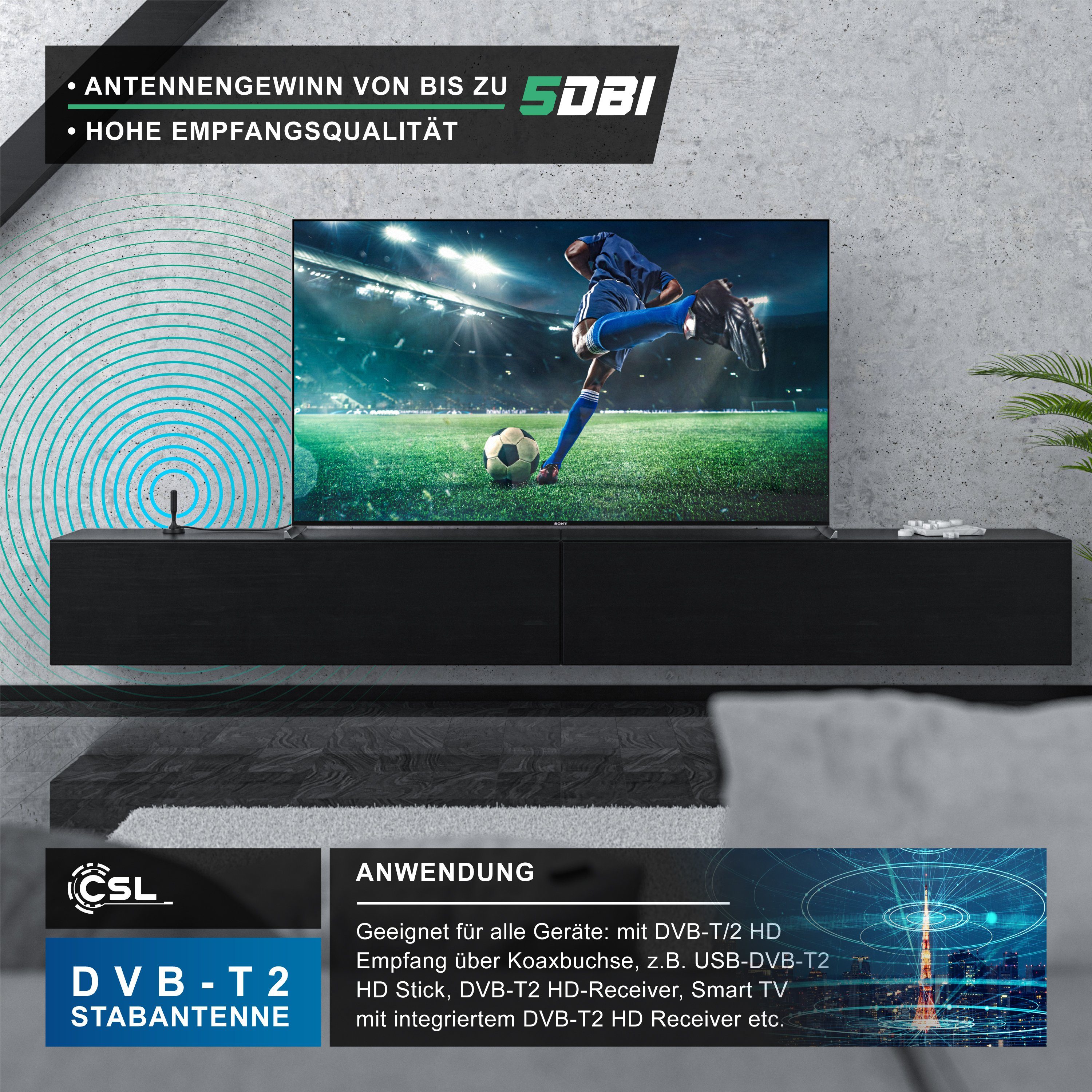 CSL Stabantenne (DVB-T, DVB-T2, für Innenbereich), digitale Antenne mit 4m Kabel / inkl. F-Stecker Adapter