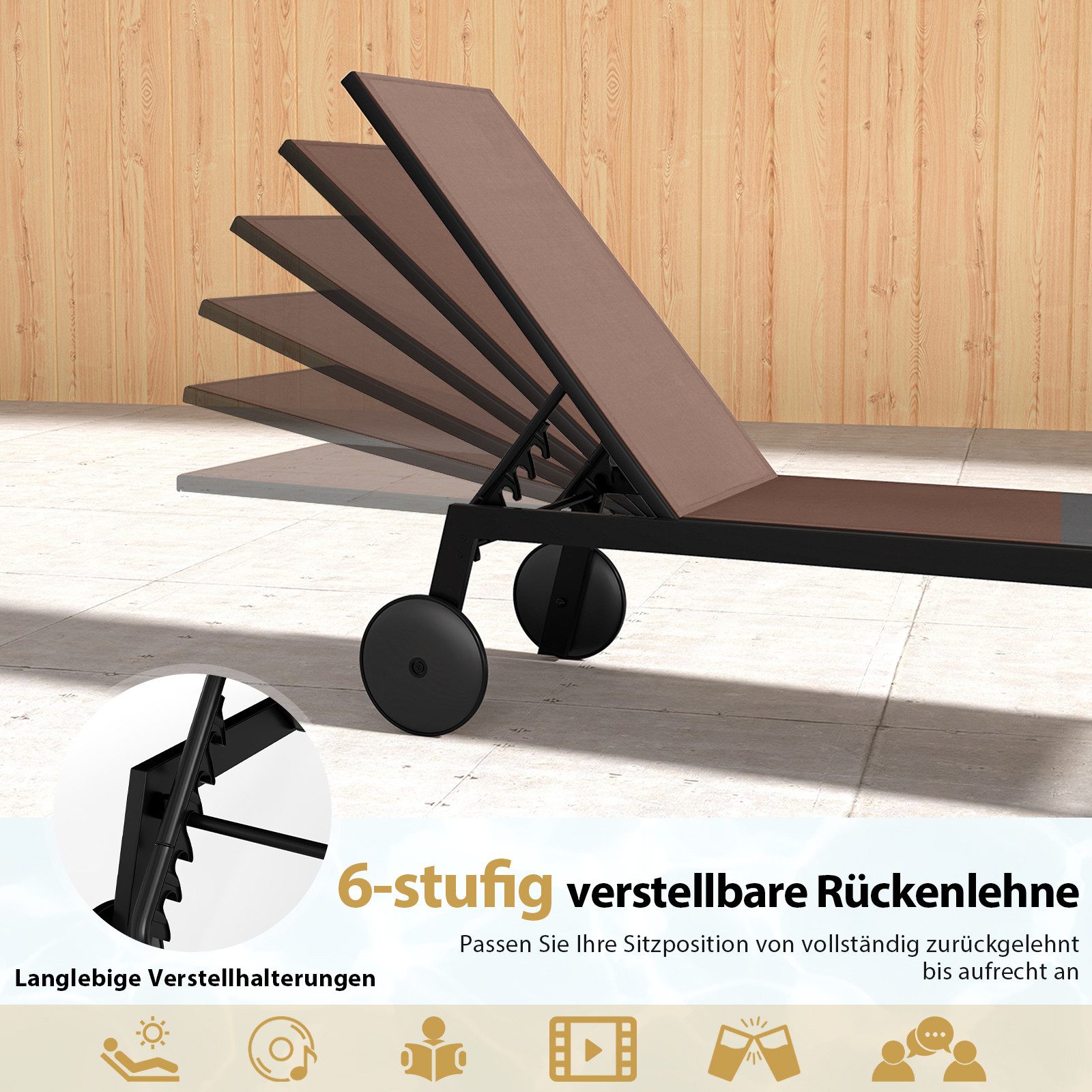 COSTWAY Gartenliege, 1 St., Liegestuhl mit Rollen, 6-stufig verstellbar