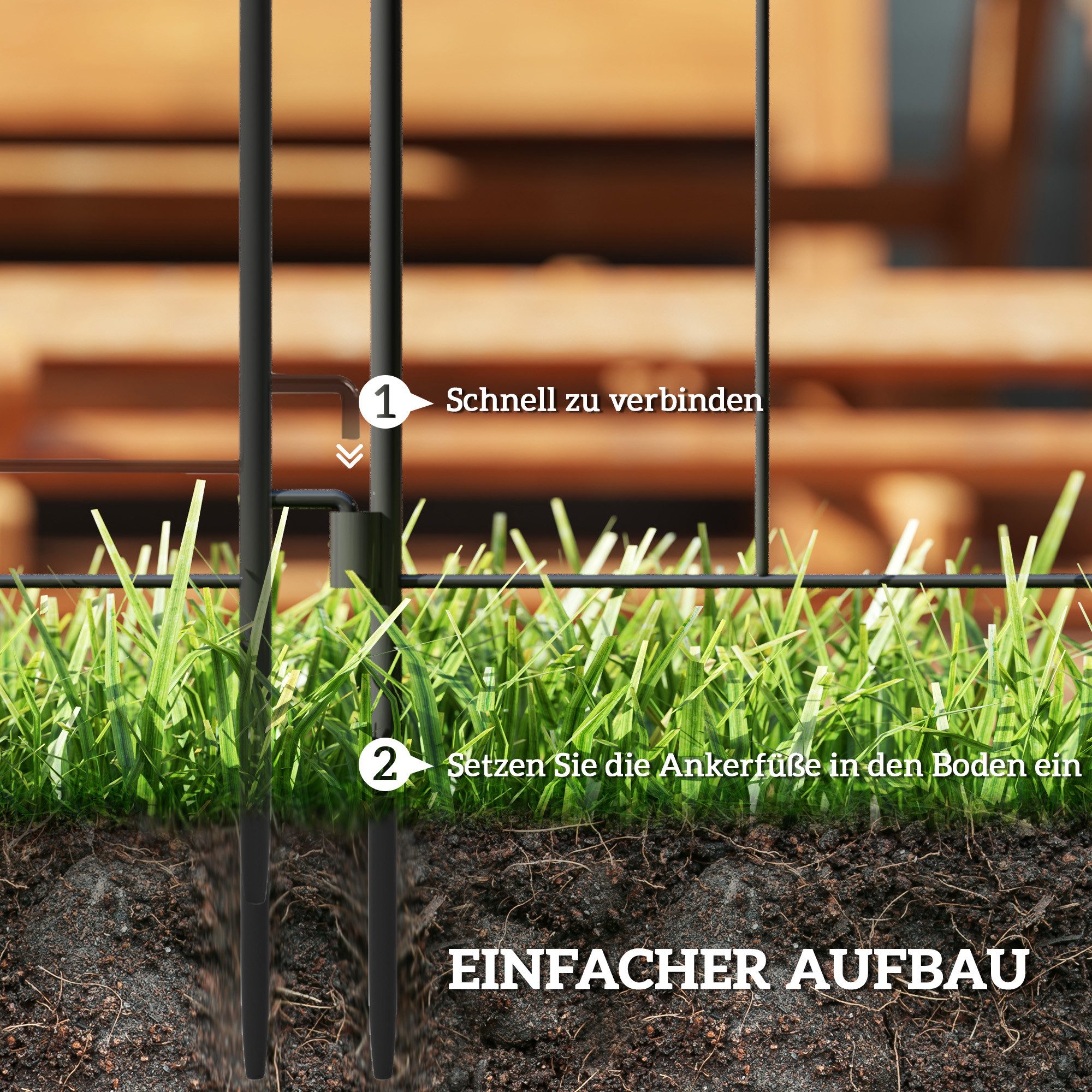Kunsthecke Gartenzaun Schwarz 300 x 70 cm aus pulverbeschichtetem Stahl, furnicato, Höhe 70 cm, Wetterfestes Beetzaun-Set mit Dekoren und flexibler Form zum Stecken
