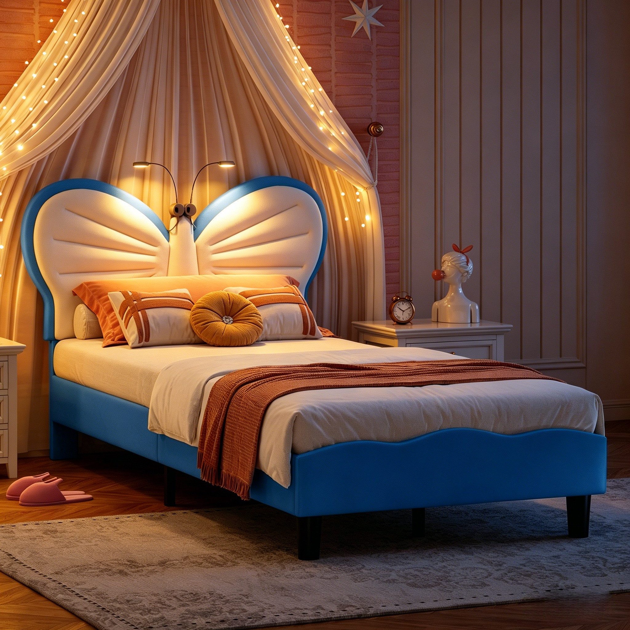 Furnishings Home Kinderbett Polsterbett LED mit Hasenohren Kopfteil 90x200 cm (1-tlg., Kopfteil höhenverstellbar, LED Leselampe), Einzelbett mit Schmetterlings Kopfteil und Lattenrost, Samt