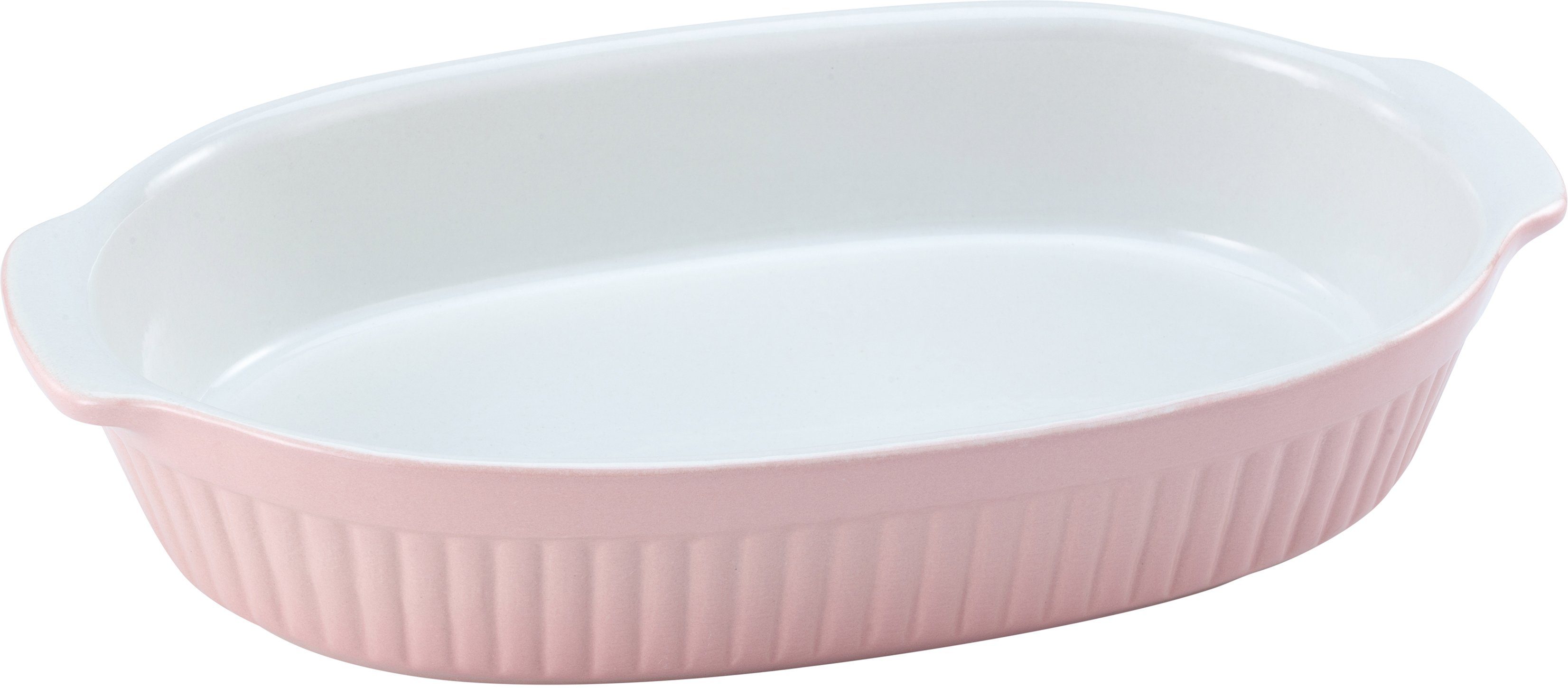 Beliebter Artikel CreaTable Auflaufform Pastell Kitchen, Steinzeug, klassisches umlaufender Pastellfarben Streifenrelief, (1-St), Kantenschutz, rosa/weiß