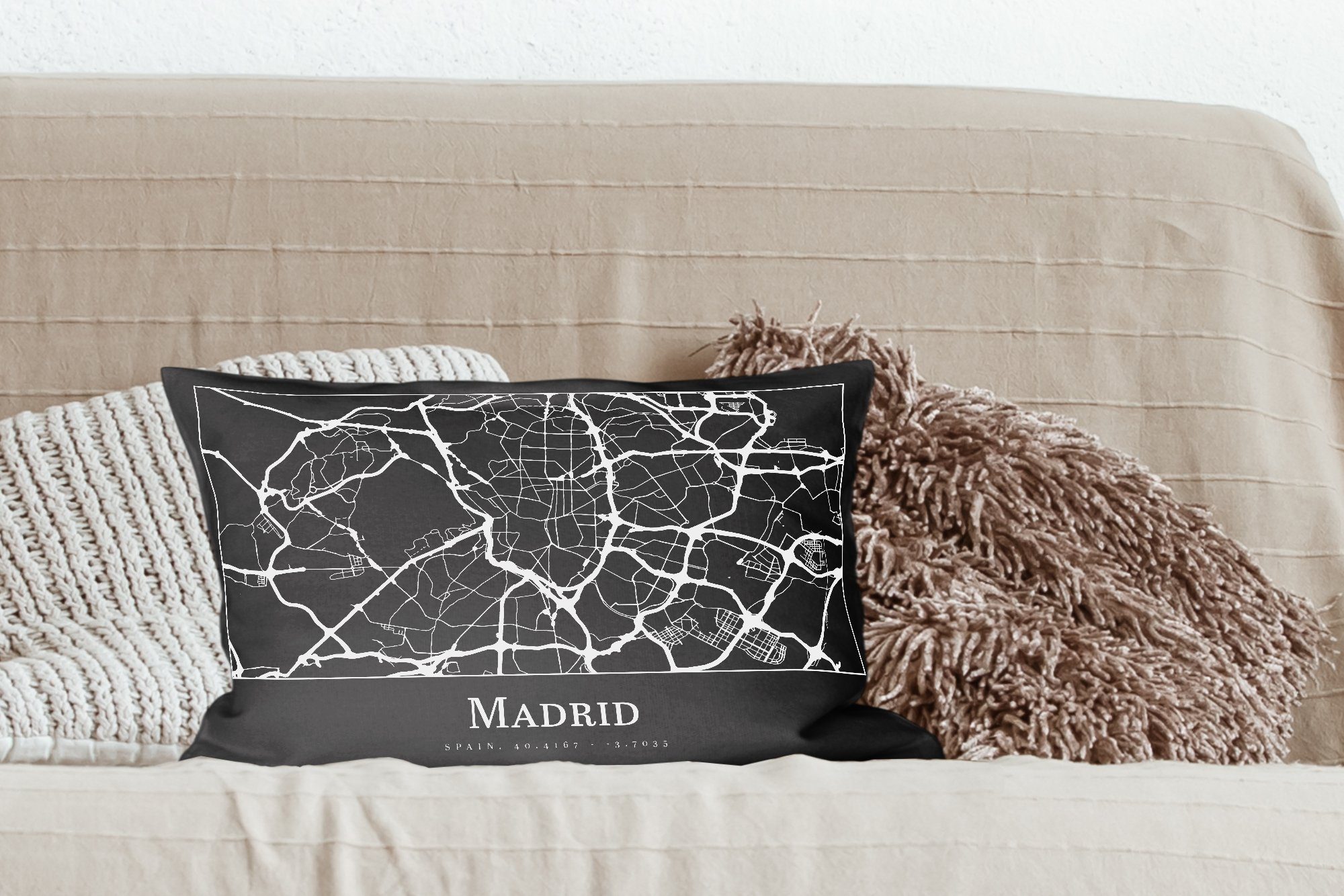 Zierkissen, Dekoration, Dekokissen Dekokissen Schlafzimmer mit MuchoWow Karte Stadtplan, - Wohzimmer Füllung, - Madrid