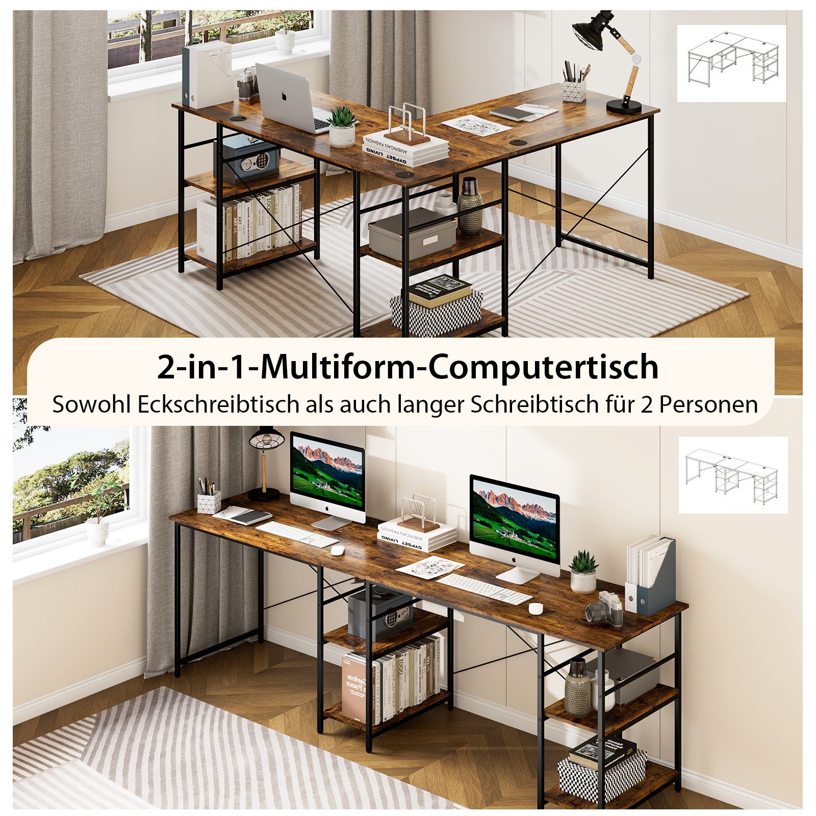 4 x Eckschreibtisch, mit x 75 braun cm COSTWAY Design, 2in1 151 Ablagen, 151