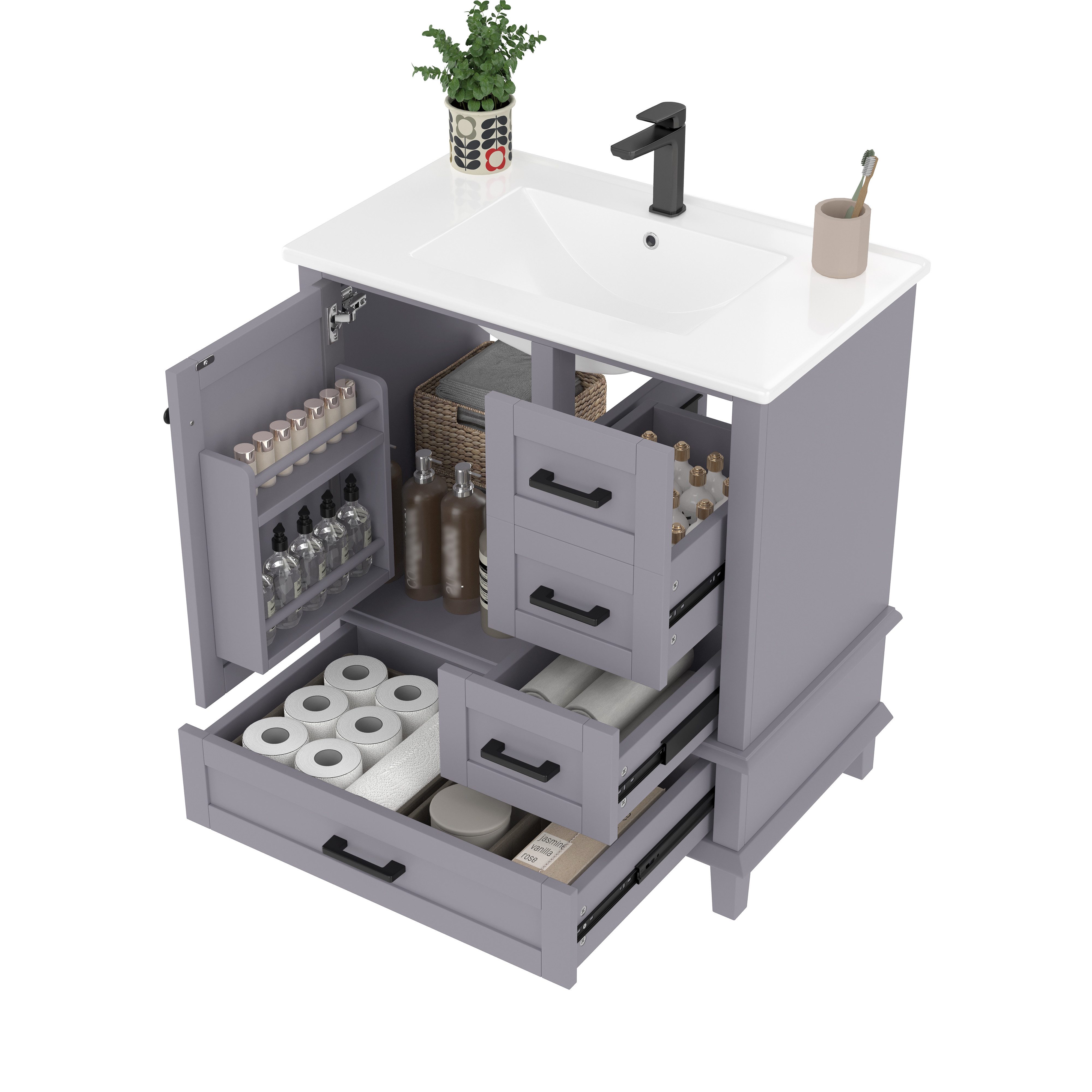EXTSUD Badkommode Badkommode 76×46×83,5 cm – Freistehender Waschtisch mit Keramikbecken (integriertes Keramikwaschbecken), Waschtisch, Volllackierung, Türregal, drei geräuschlose Schubladen