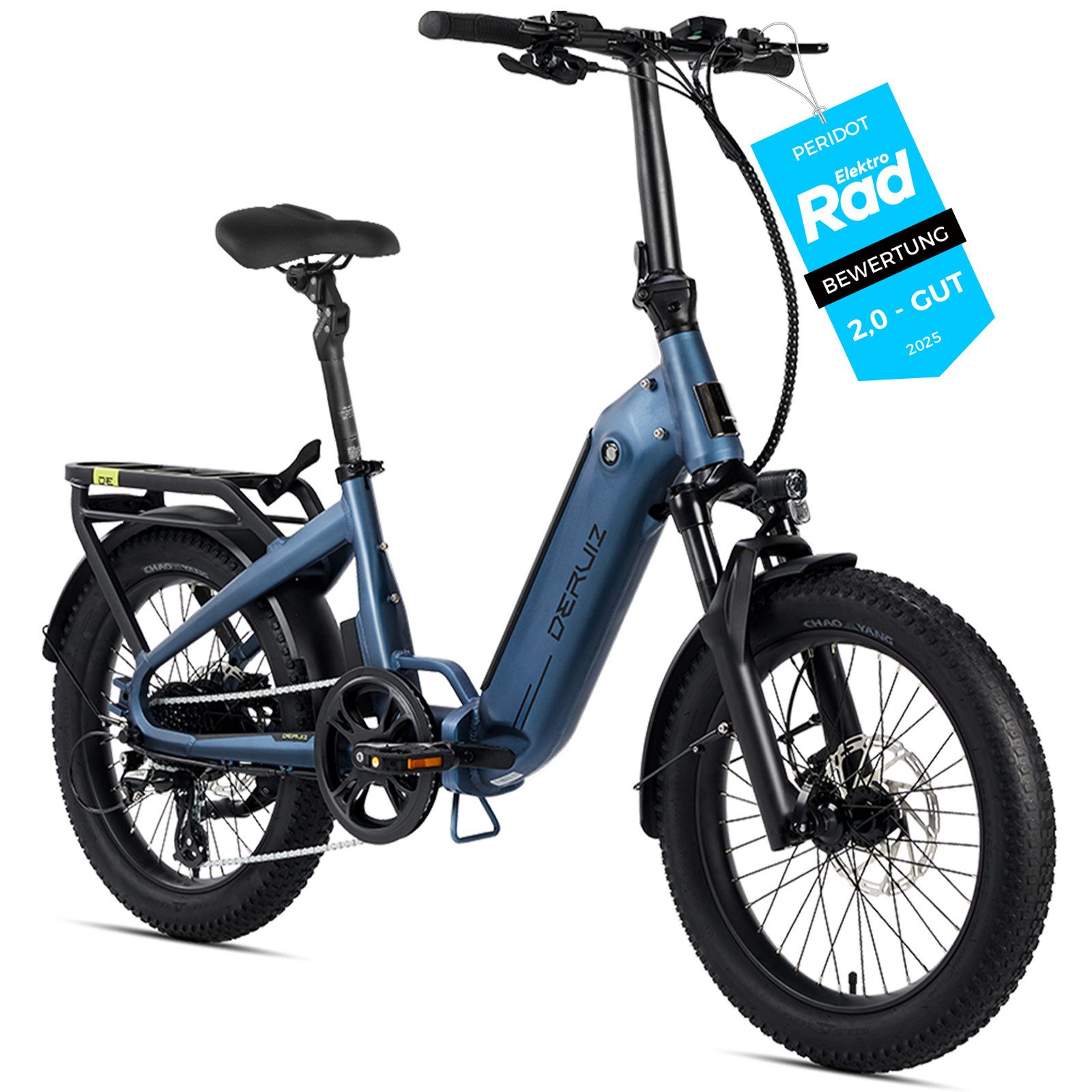 DERUIZ E-Bike Klapprad Peridot 20 Zoll 250 W 55 Nm, max. 143 km, Federsattelstütze 60 mm, 8 Gang ALTUS Schaltwerk, Kettenschaltung, Heckmotor, 500 Wh