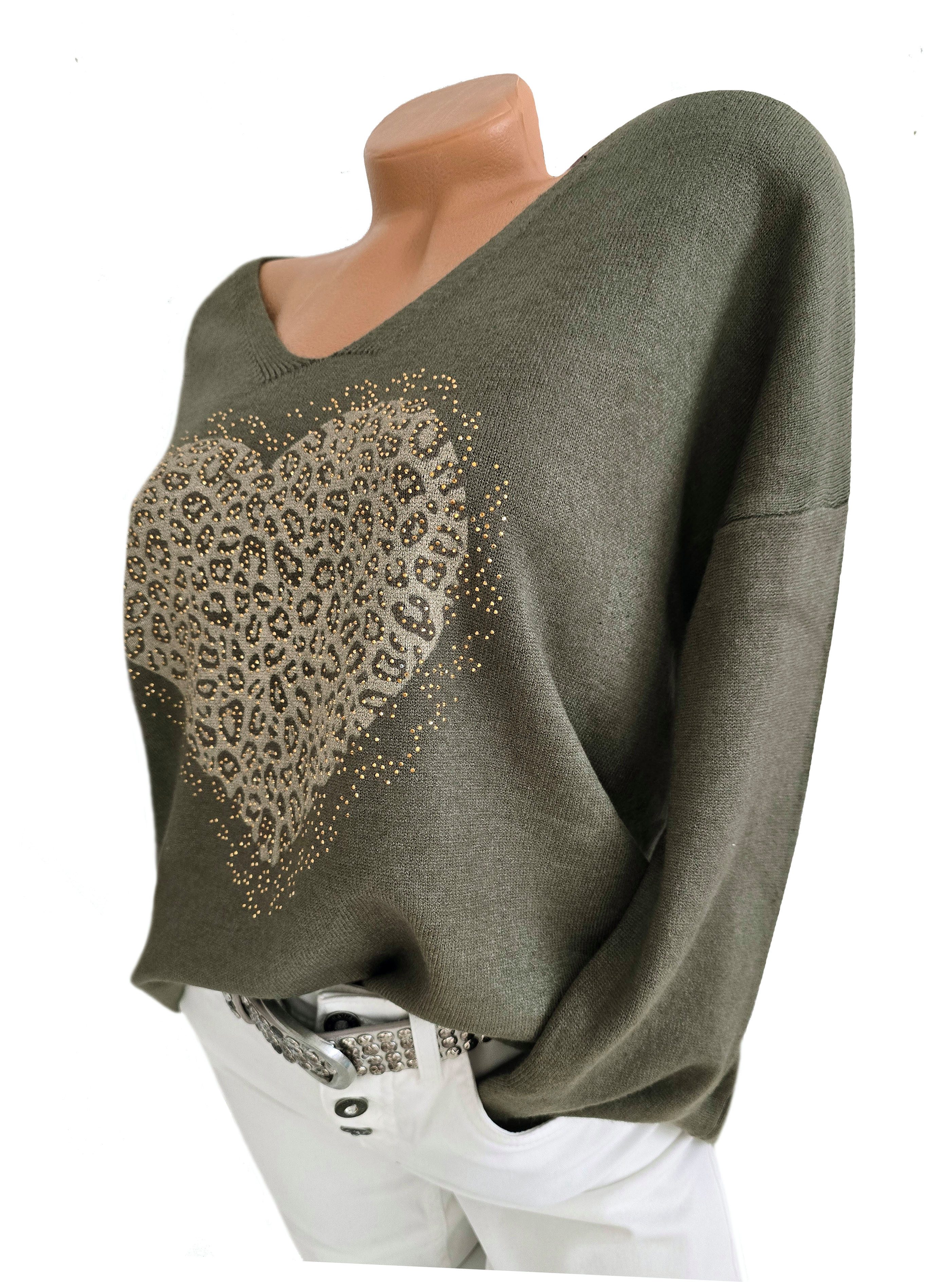 Rehoboth Moda V-Ausschnitt-Pullover mit Herz im Animal-Print und Glitzer, V günstig online kaufen