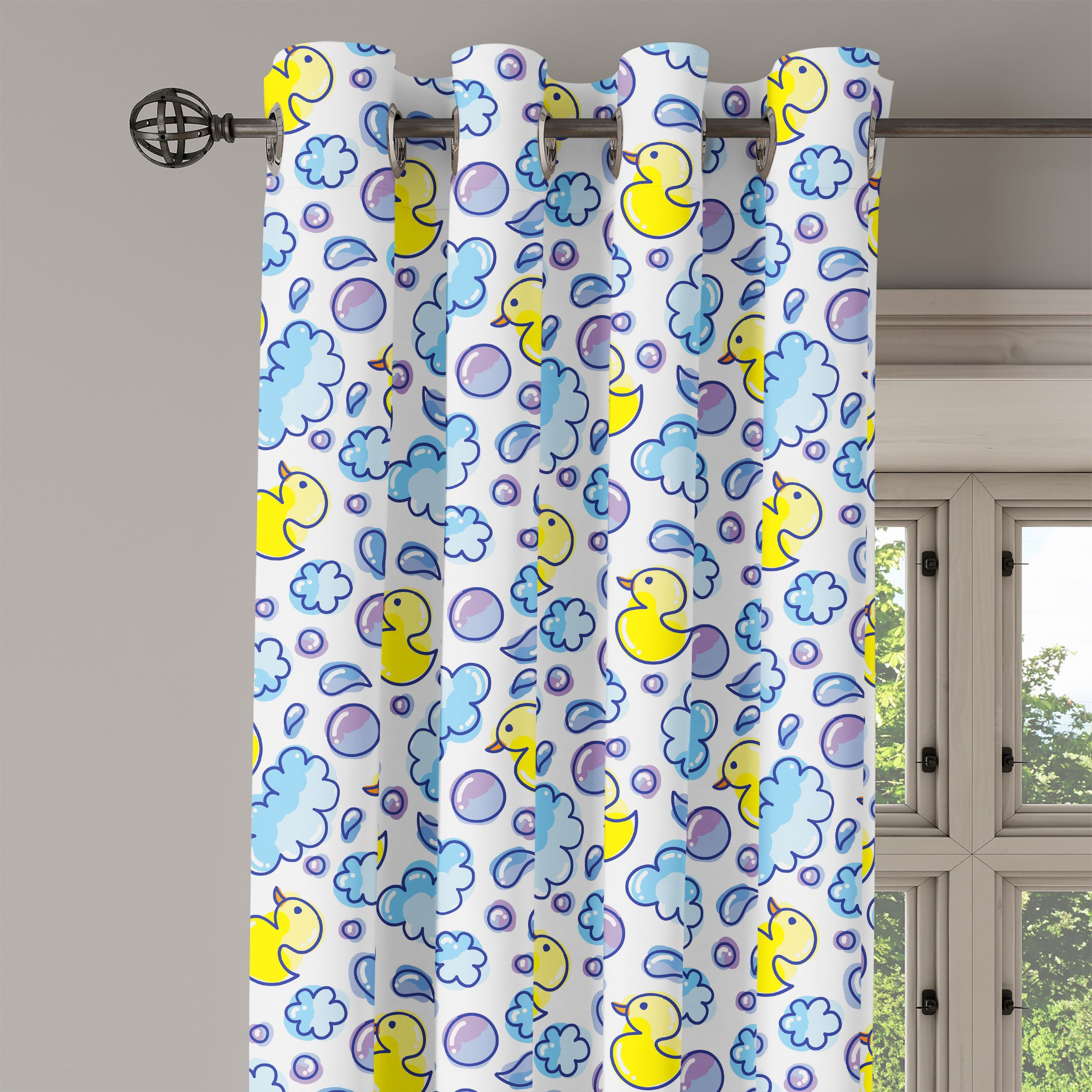 für Waschzeit Ente Baby Gardine Abakuhaus, Wohnzimmer, 2-Panel-Fenstervorhänge Dekorative Bubbles Schlafzimmer