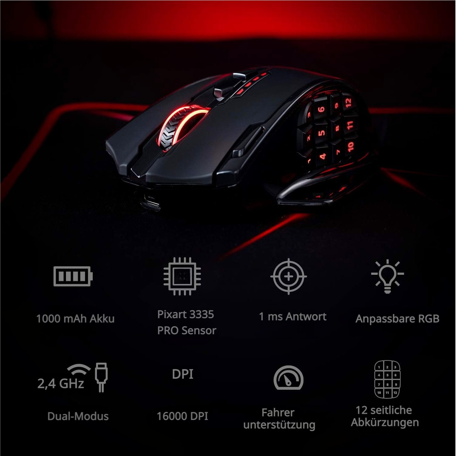 Redragon M913 Kabellos/Kabelgebunden, 16000 DPI, RGB & 2 Verbindungsmodi Gaming-Maus (2,4 GHz kabellos und USB-C kabelgebunden, 16 programmierbare Tasten für Esports)