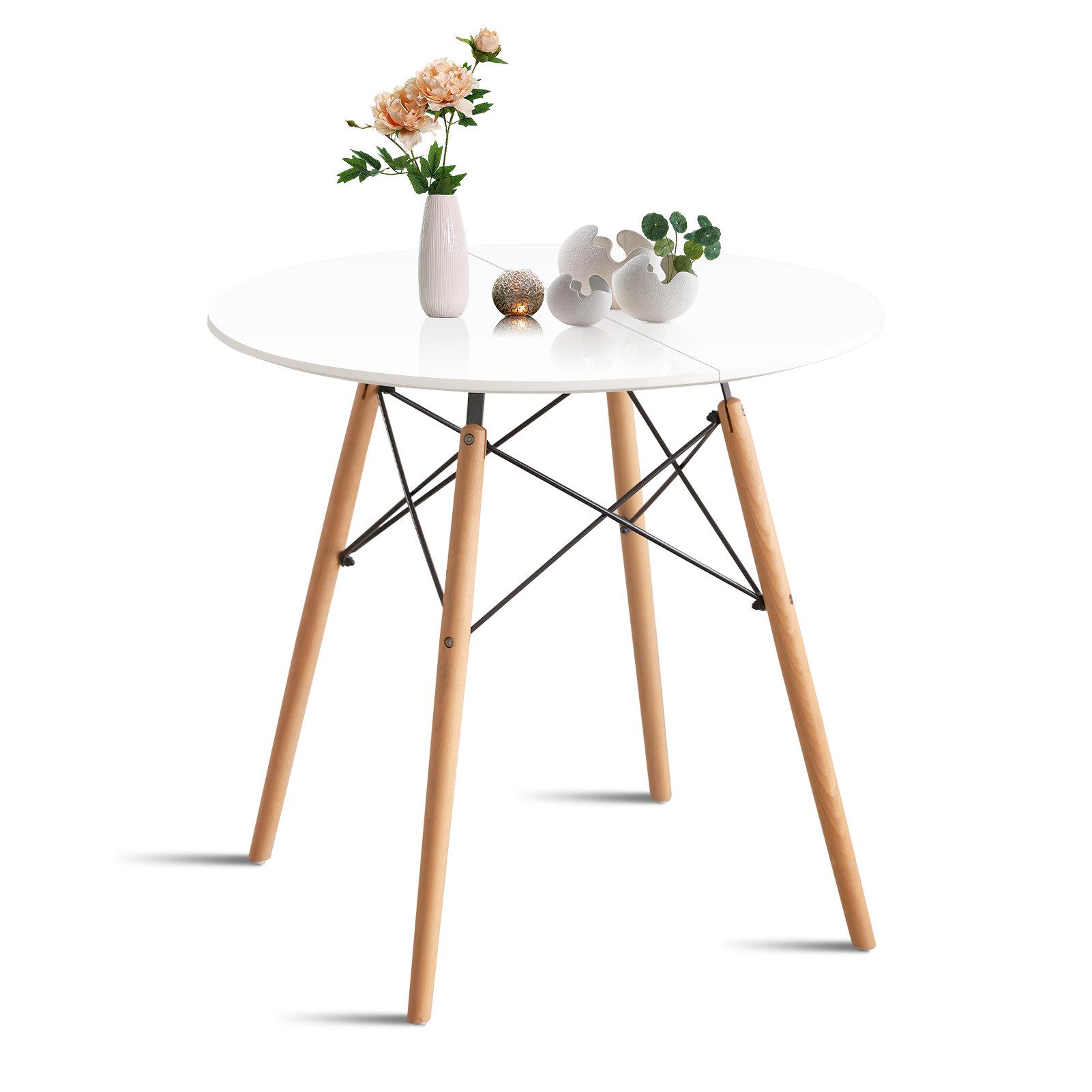 Fruyyzl Esstisch Runder Küchentisch mit weiß MDF-Tischplatte für 4 Personen, Esszimmertisch mit Holzbeine aus Buche,Ø: 80 x H: 75 cm